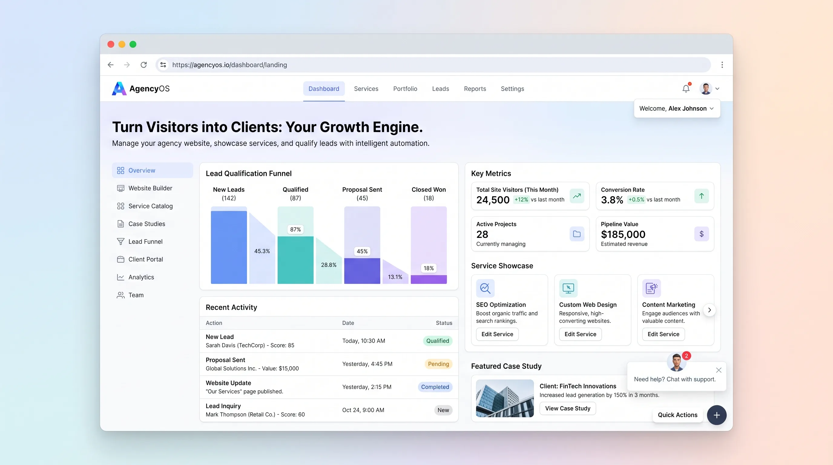 Dark agency website showing service cards, project case studies, and a qualified lead inbox