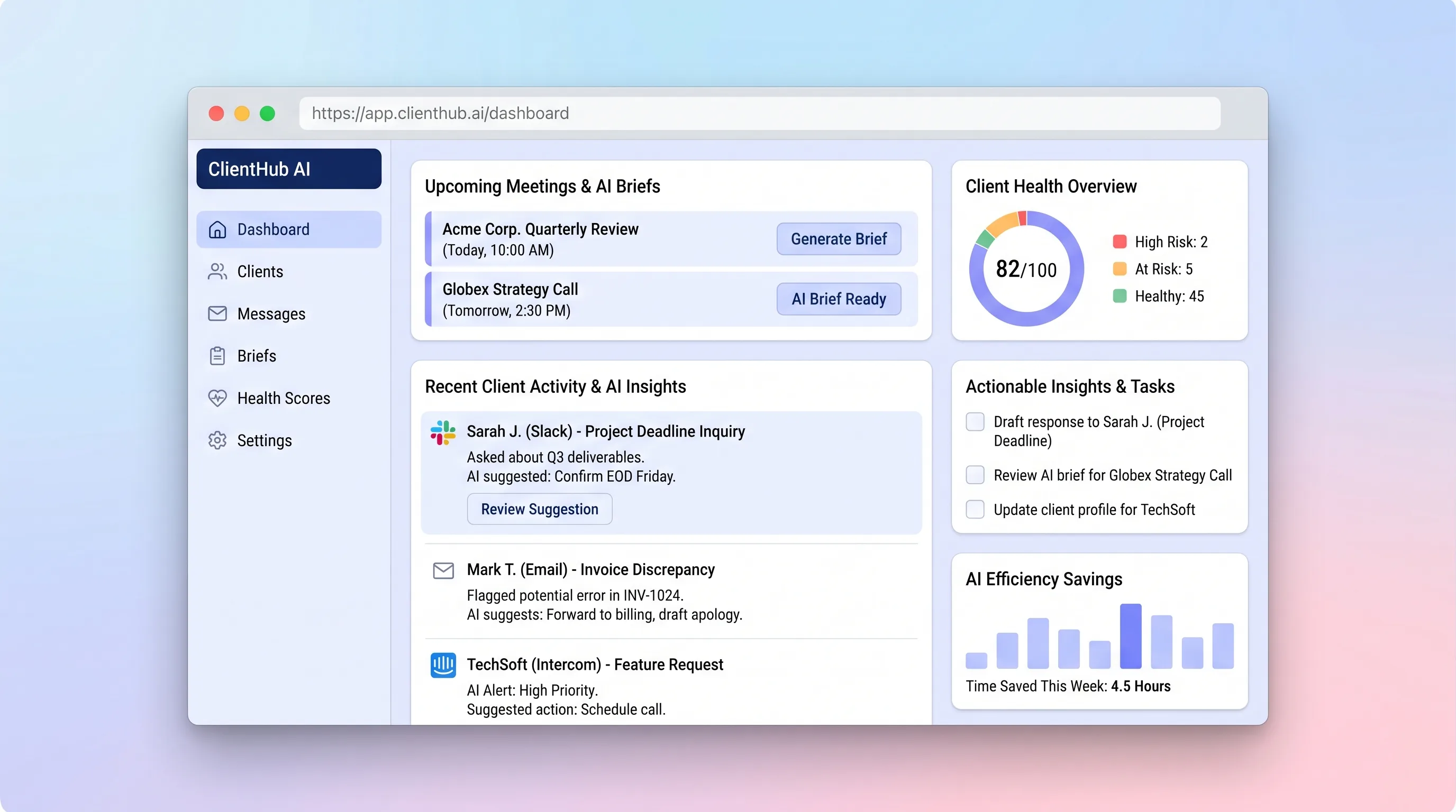 Client communication timeline with an editable pre-meeting brief, open commitments, and relationship signals
