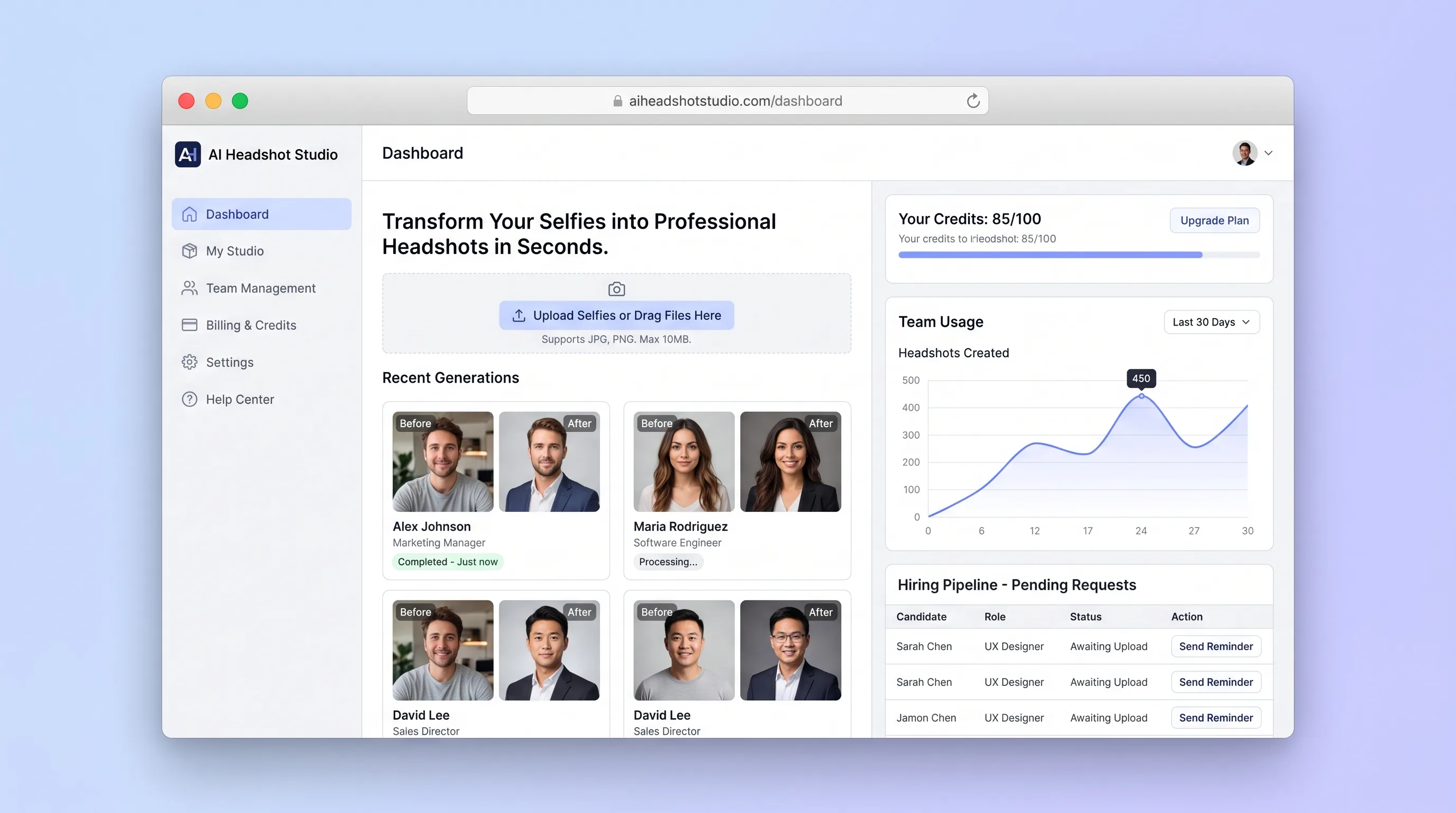 Professional headshot studio showing selfie upload checks, style selection, generated portraits, and team credits