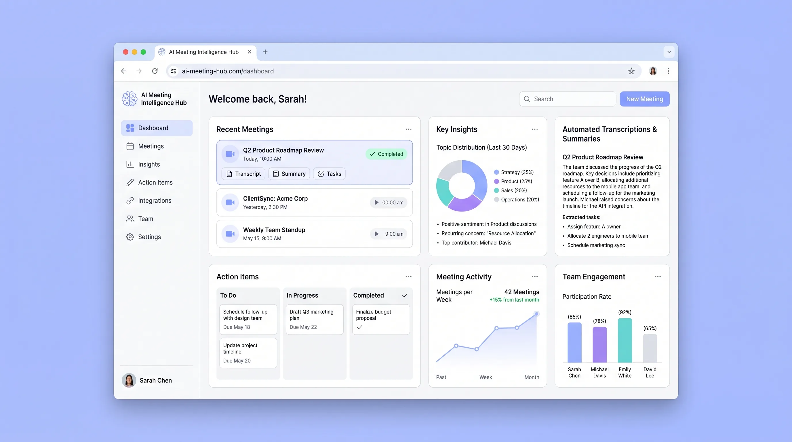 Searchable team meeting library with transcript highlights, assigned action items, and source-linked summaries