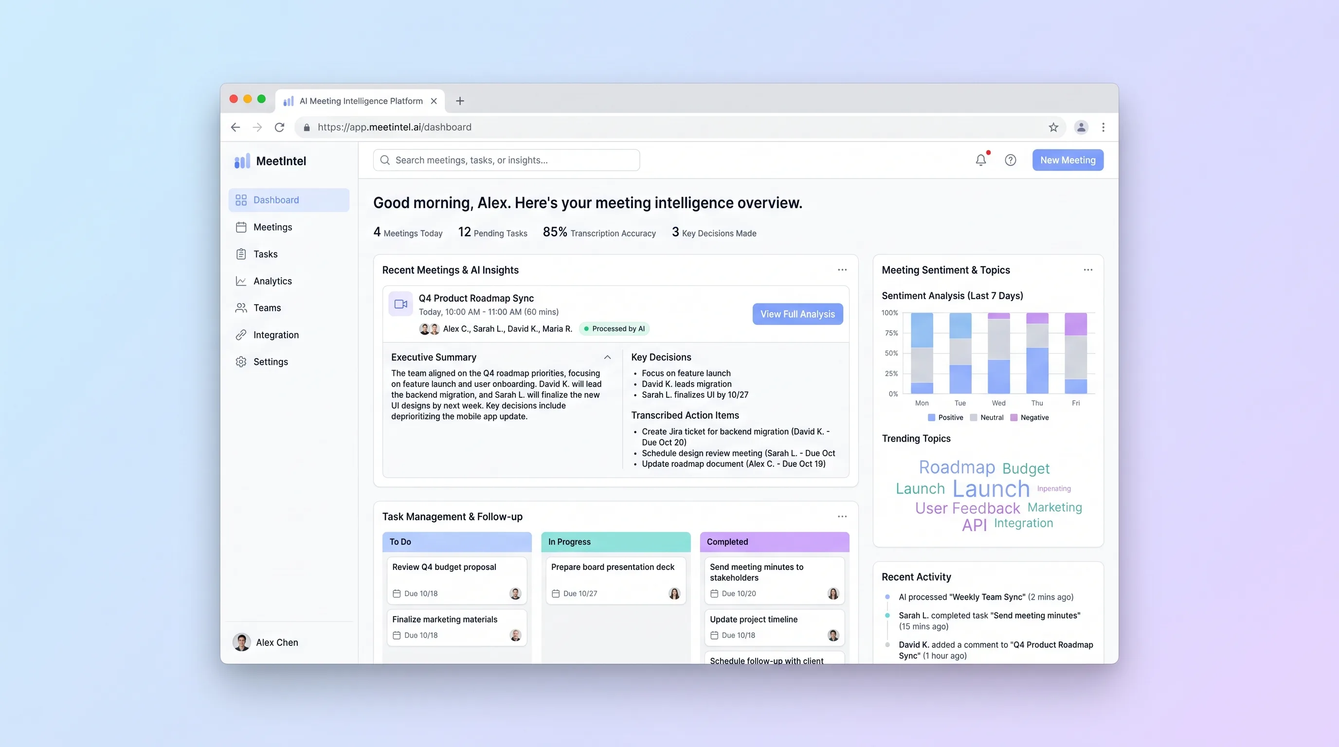 Upload-first meeting processor with file status, speaker transcript, editable summary, and exported action list