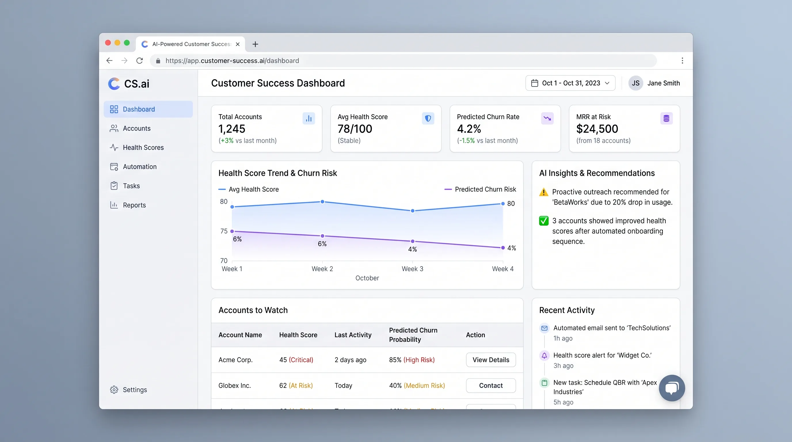Customer success workspace with explainable health factors, an at-risk queue, and a reviewed outreach draft