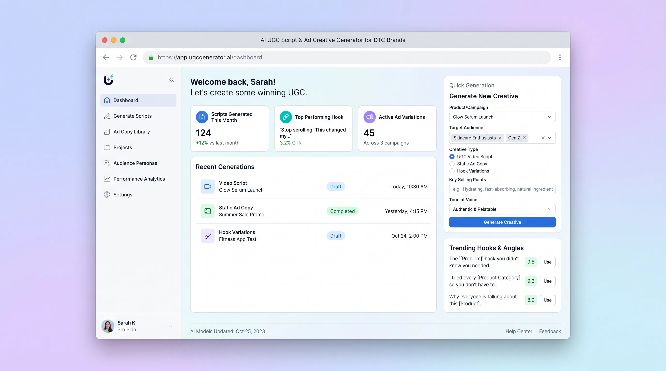 DTC creative studio with product facts, audience persona, UGC hook variants, editable video script, and creator brief export