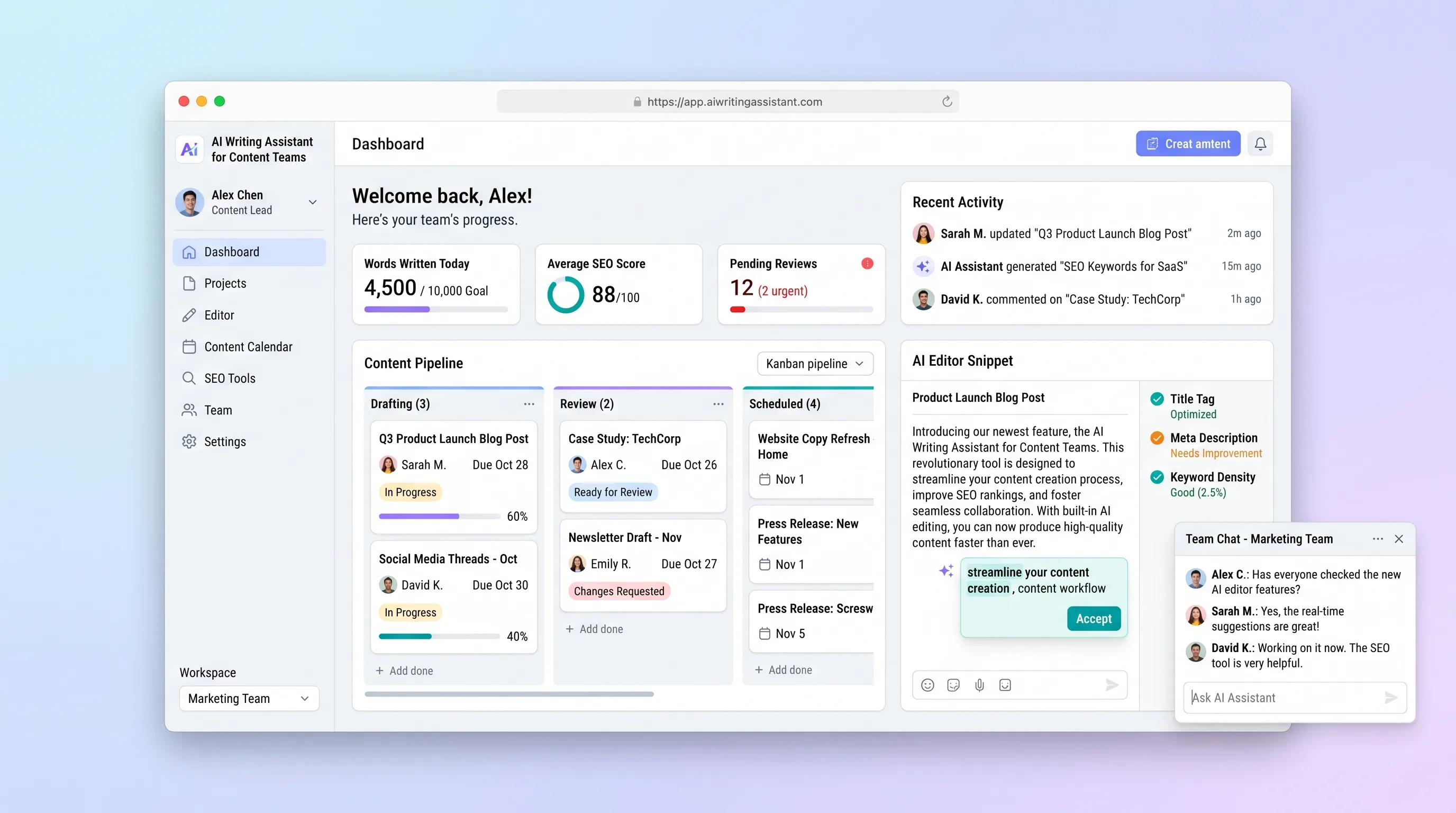 AI writing interface showing blog post draft generation with SEO score, editing toolbar, and team approval status