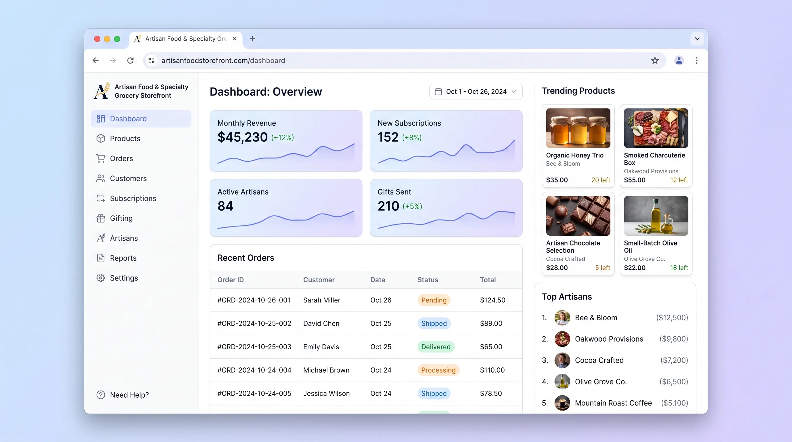 Storefront homepage with dietary filter chips, a featured subscription box builder, and a product grid showing artisan jars and pantry items.