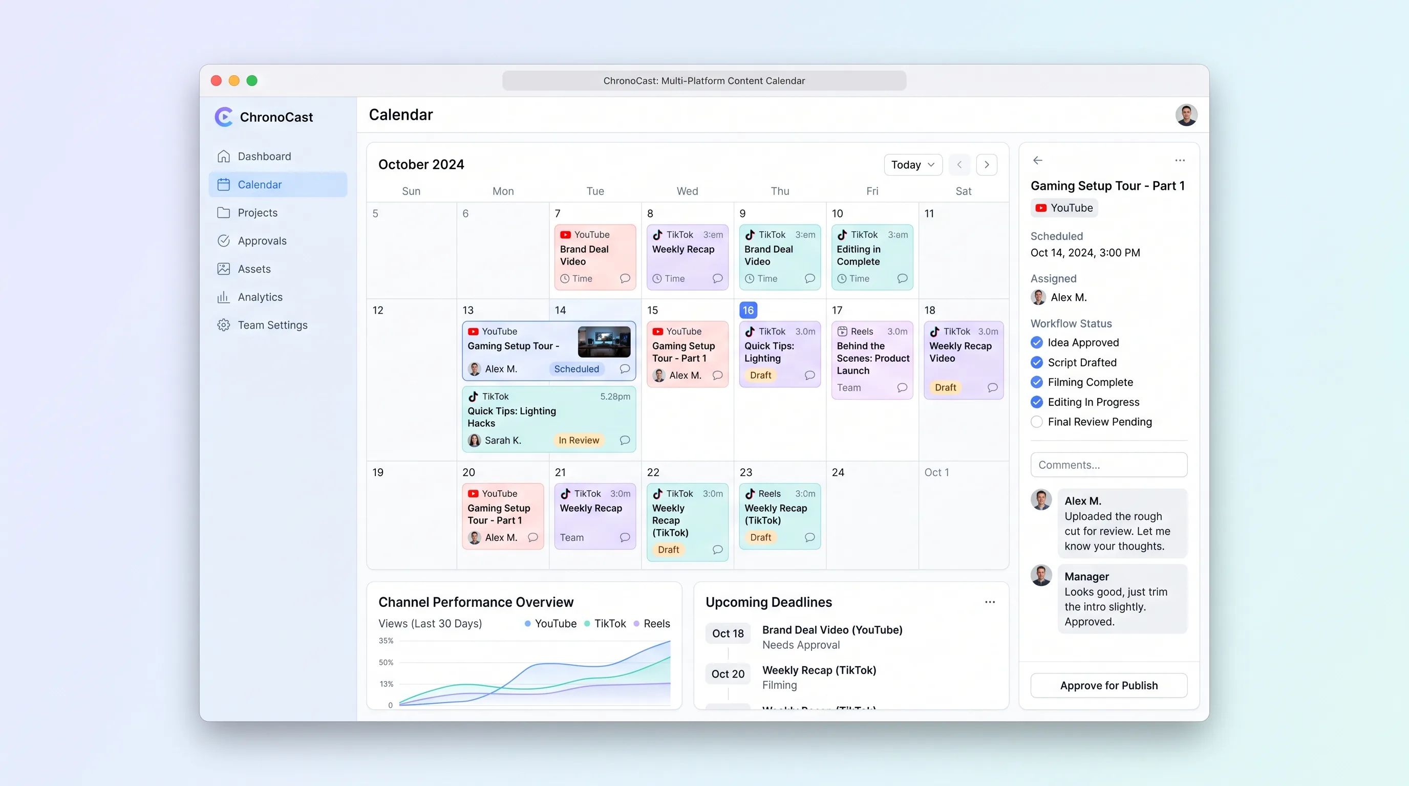 ChronoCast calendar view with color-coded YouTube, TikTok, and Reels cards, a left sidebar for quick-add, and an approval status column.