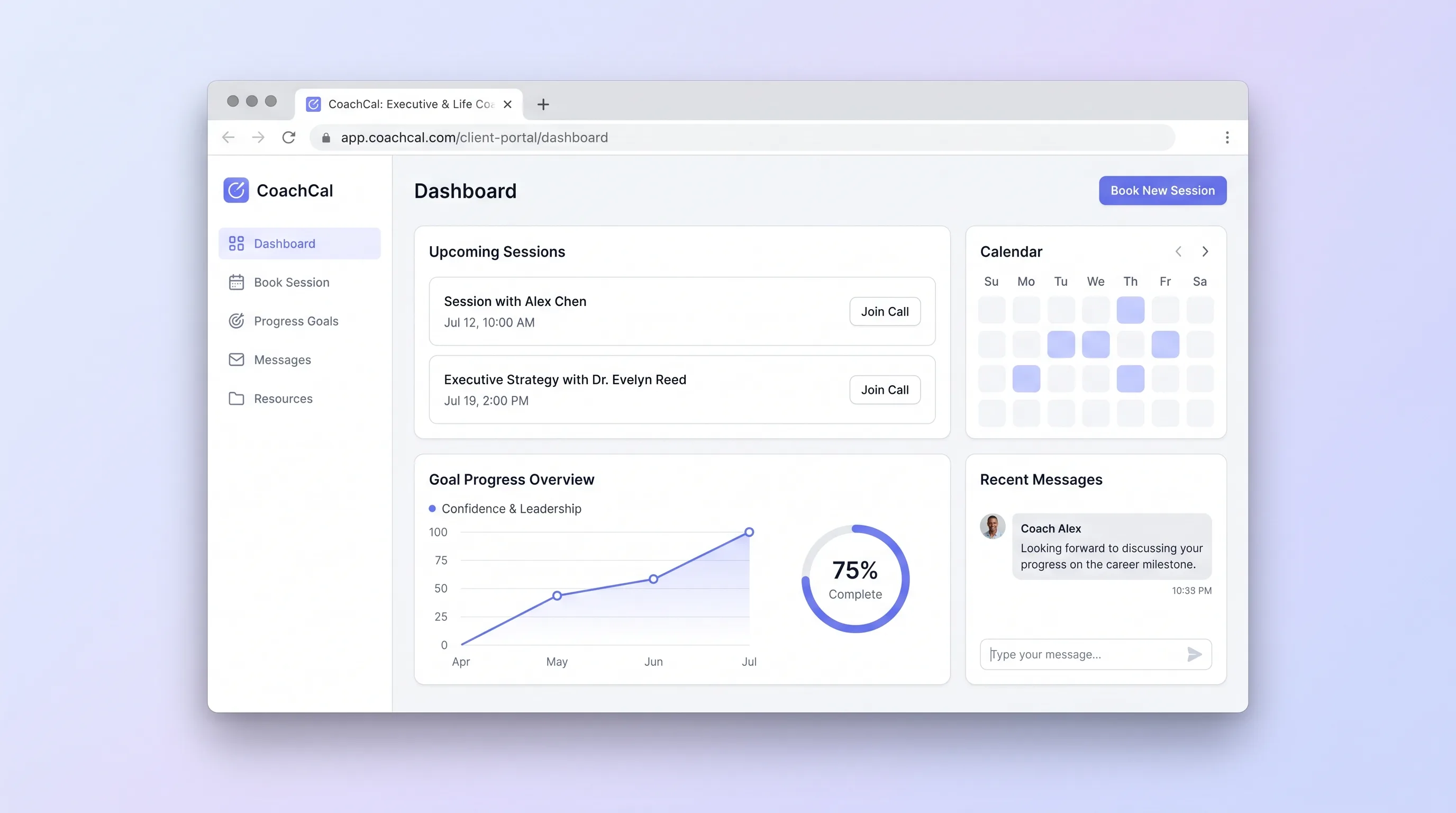 Coach dashboard listing upcoming sessions, active client packages, remaining credits, and a goal progress panel with milestone checkmarks.