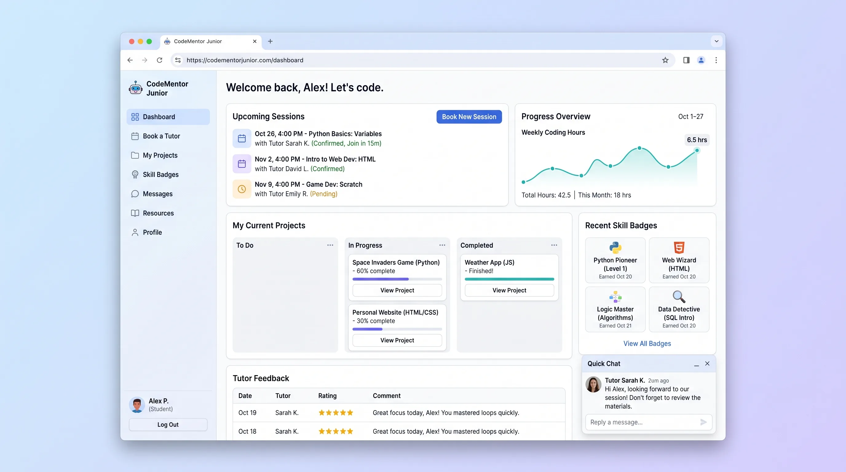 Parent dashboard listing upcoming tutor sessions, child progress cards with badge counts, and a booking modal for selecting tutor, language, and time slot.