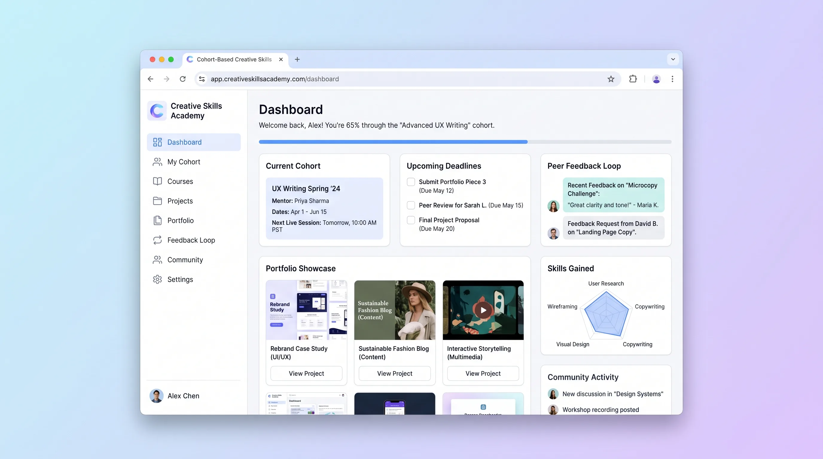 Creative academy dashboard showing a cohort assignment, peer critique queue, and student portfolio cards