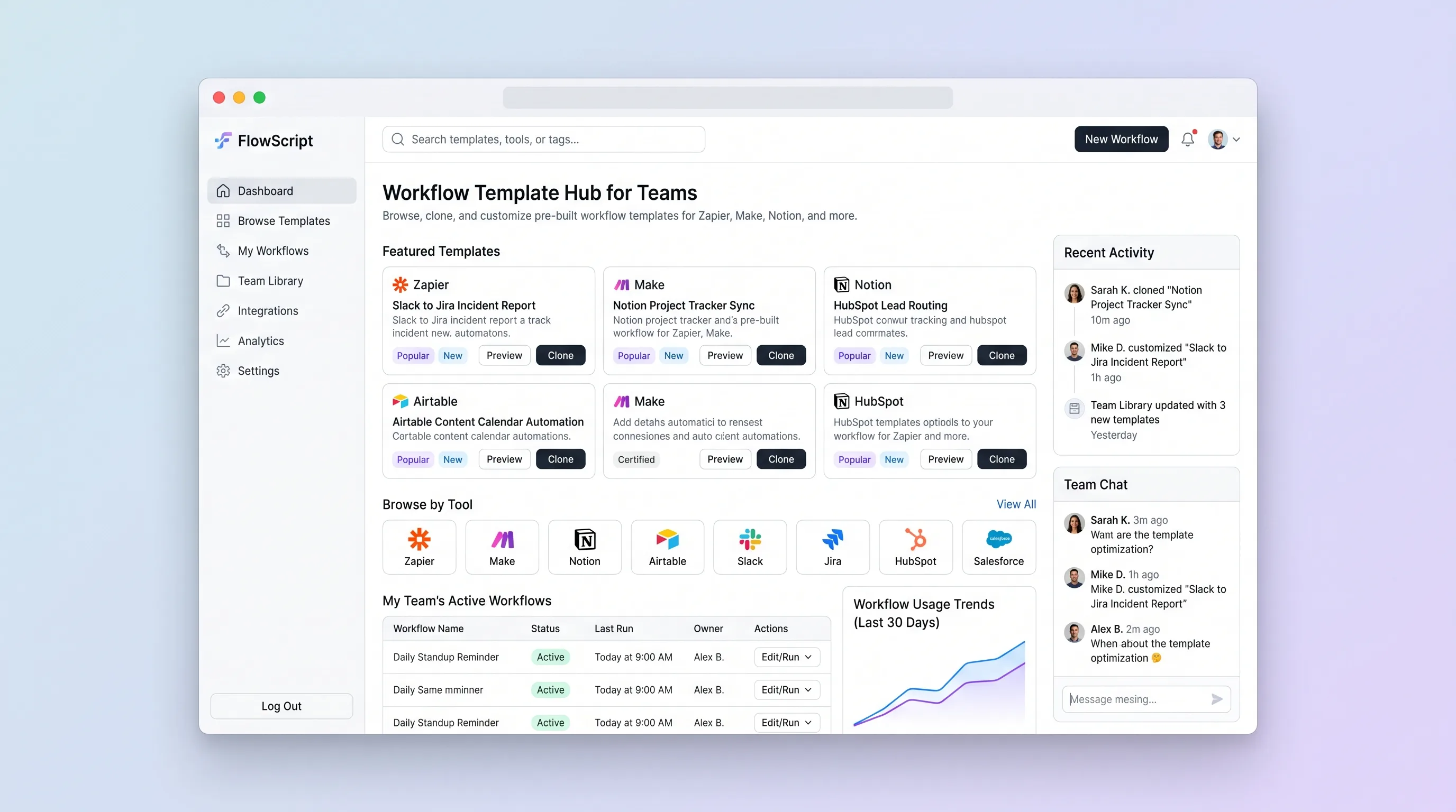 Operations template library with tool filters, a workflow detail page, clone notes, and team collections
