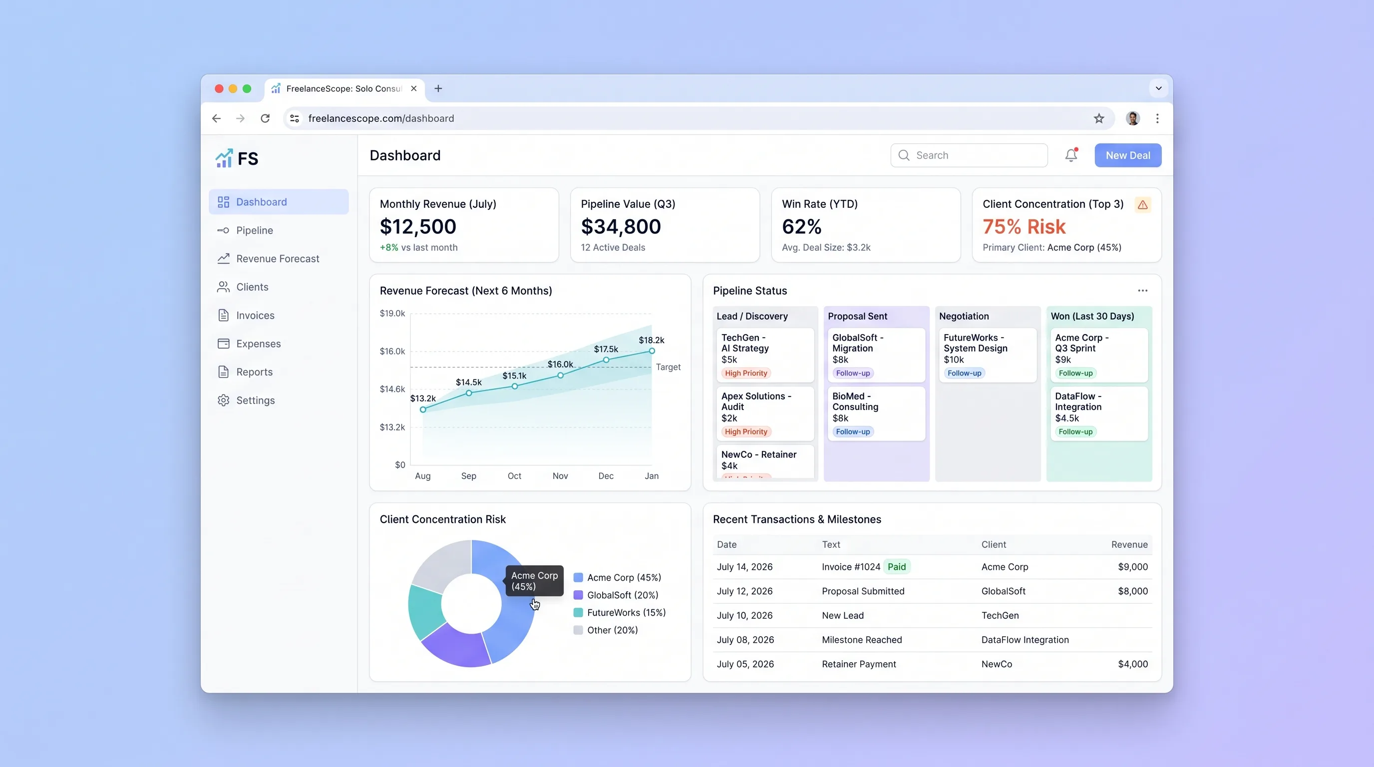 Solo consultant dashboard with opportunity stages, project capacity, revenue forecast, and client concentration warning