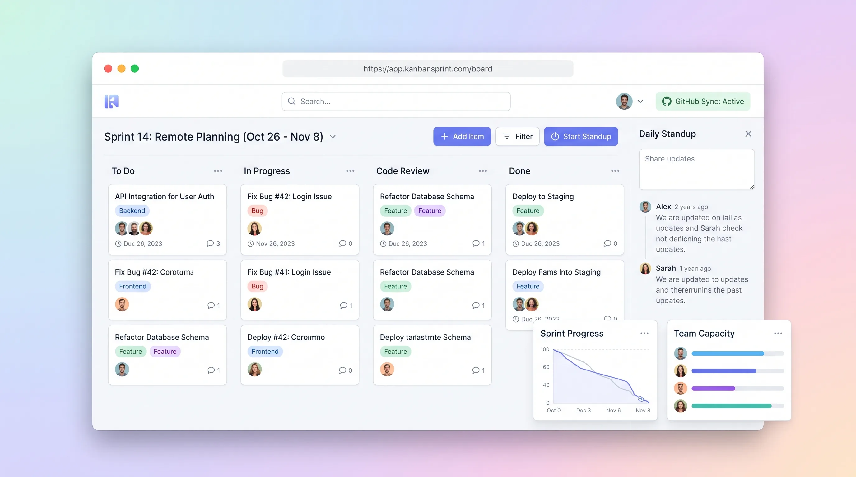 Dark sprint board with GitHub-linked issue cards, work-in-progress columns, a standup panel, and burndown chart