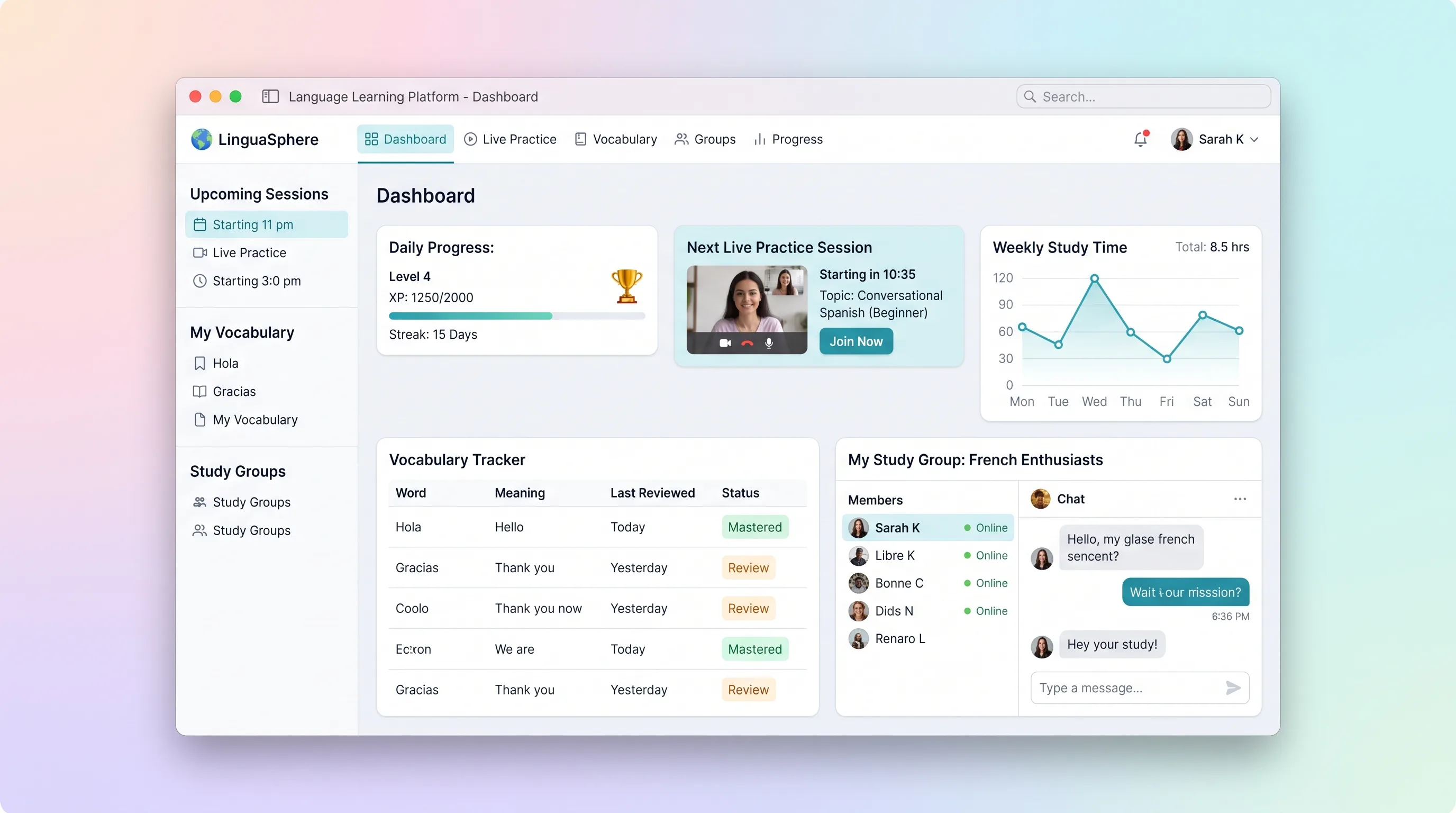 Language learning dashboard with upcoming live practice, vocabulary review, weekly progress, and study-group activity