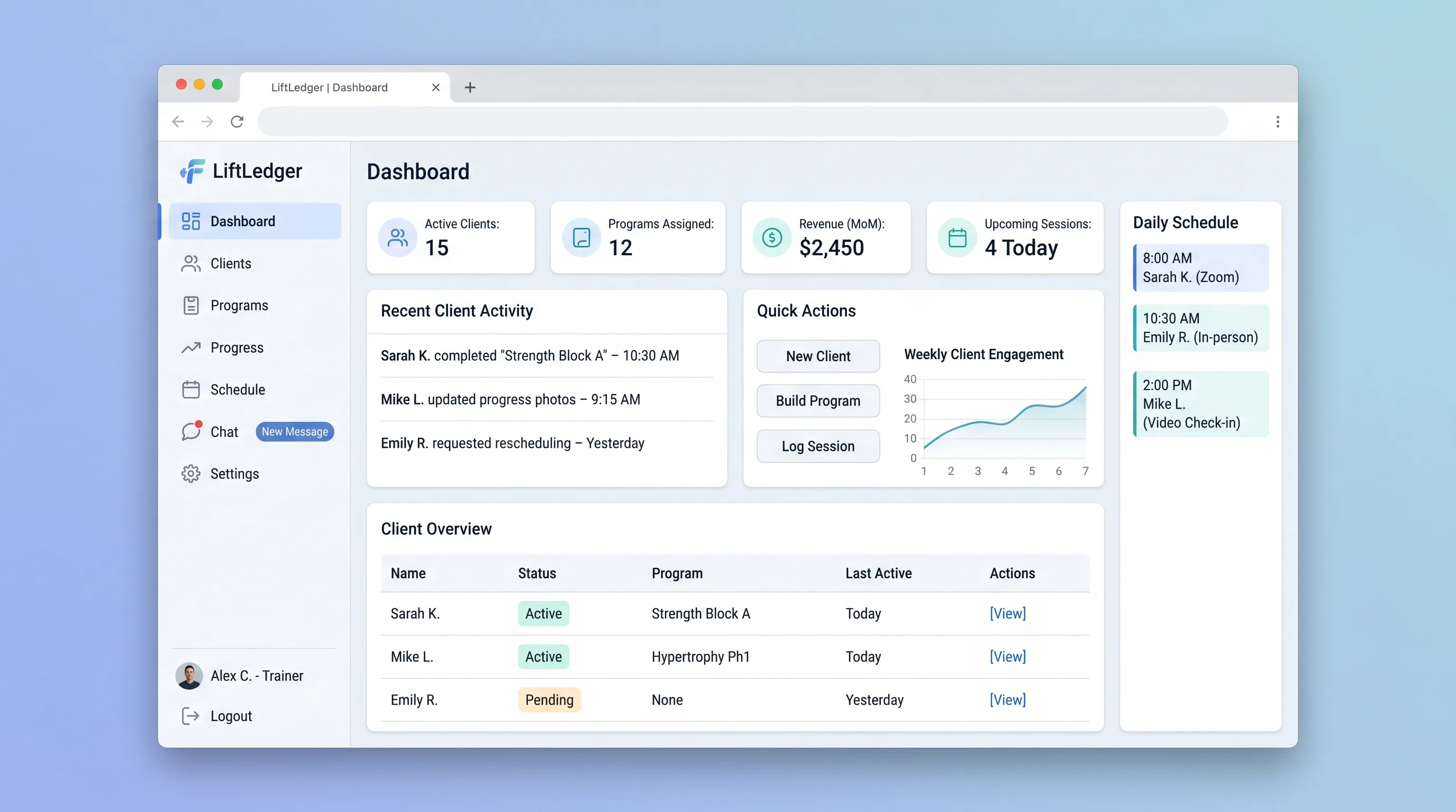 Personal trainer dashboard with client cards, a weekly workout program, completed session logs, and measurement trends