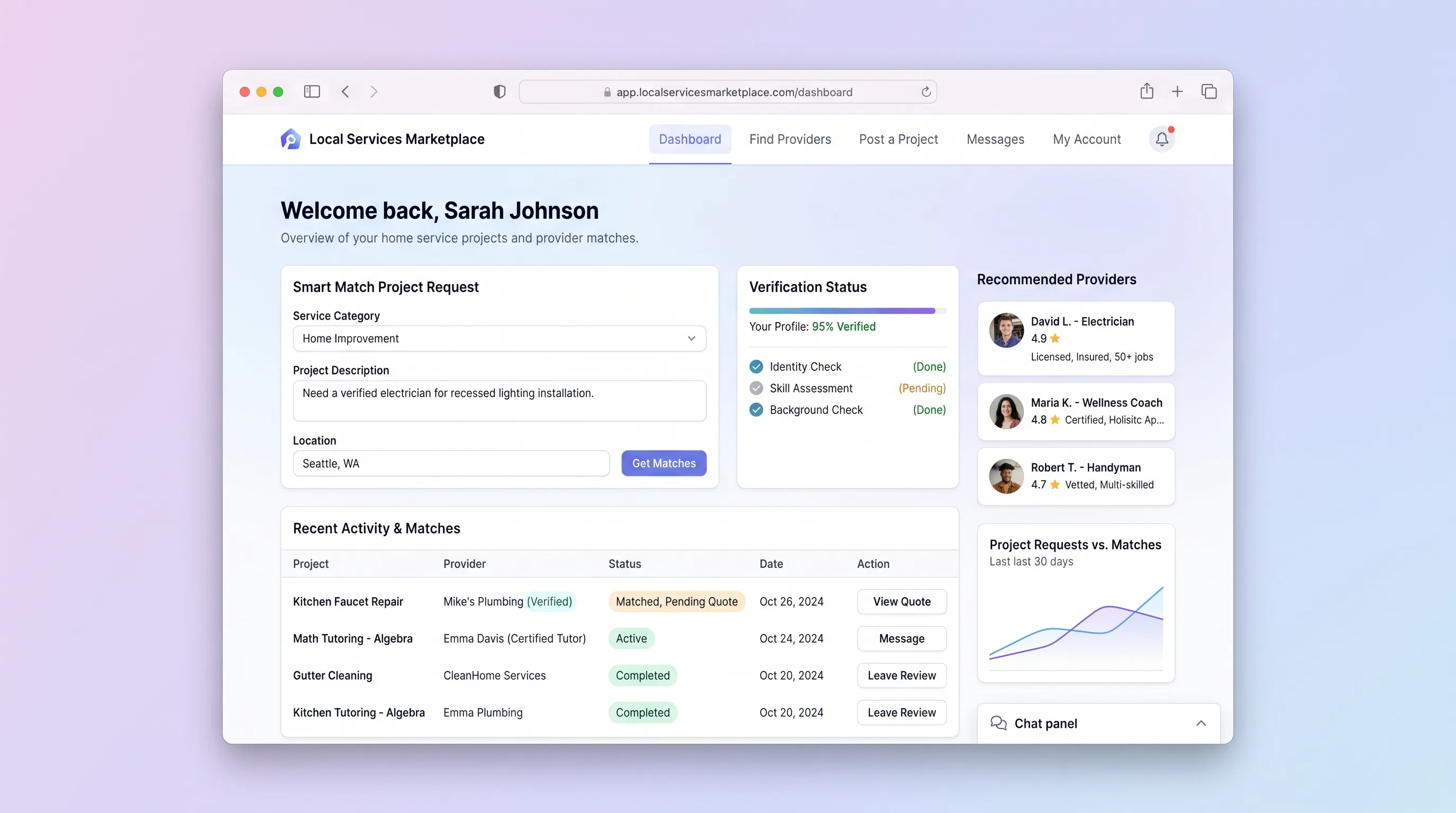Local services marketplace with a homeowner request form, verified provider cards, distance filters, and match status