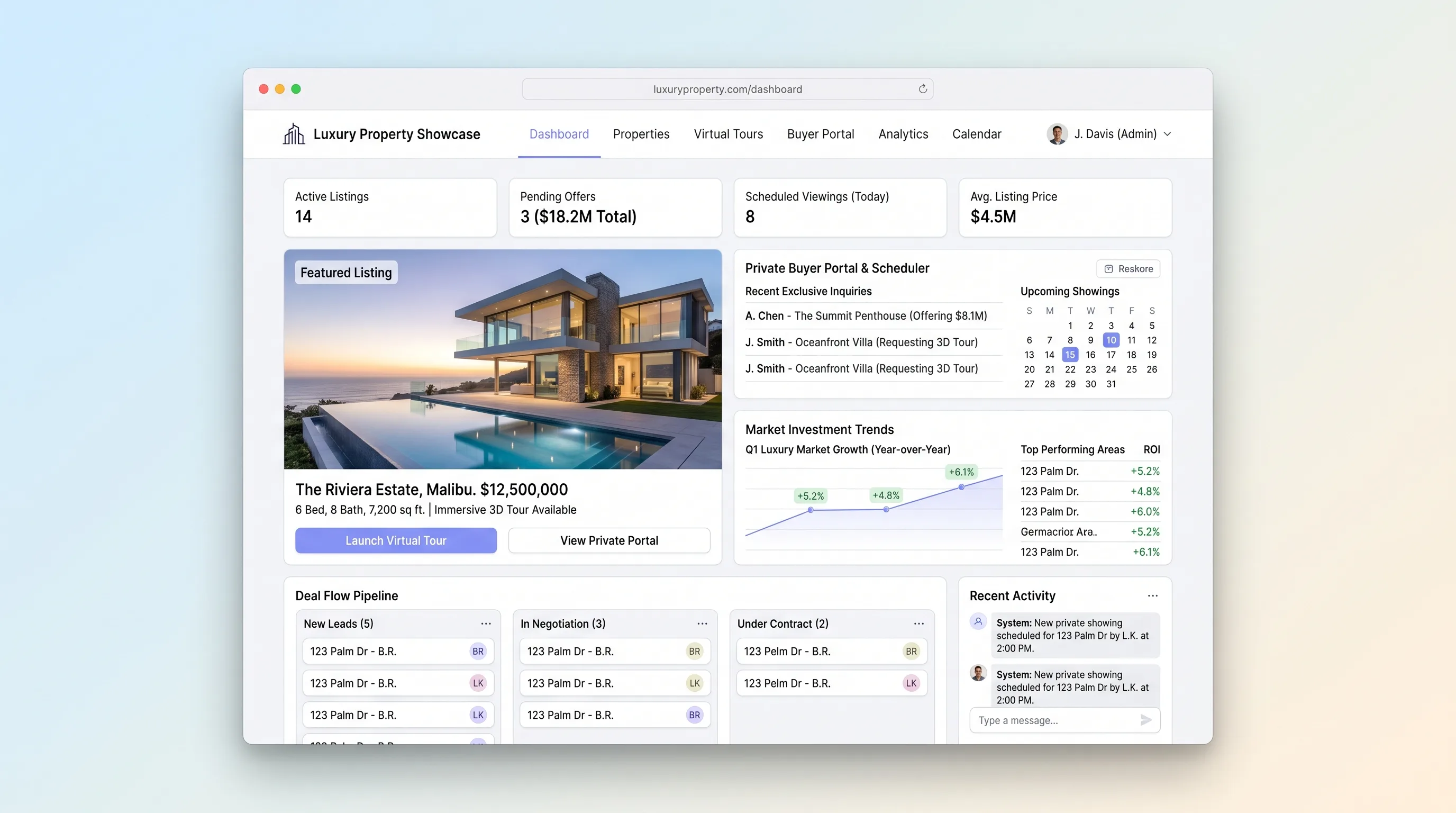 Luxury property page with an immersive virtual tour, buyer portal access panel, investment assumptions, and showing scheduler