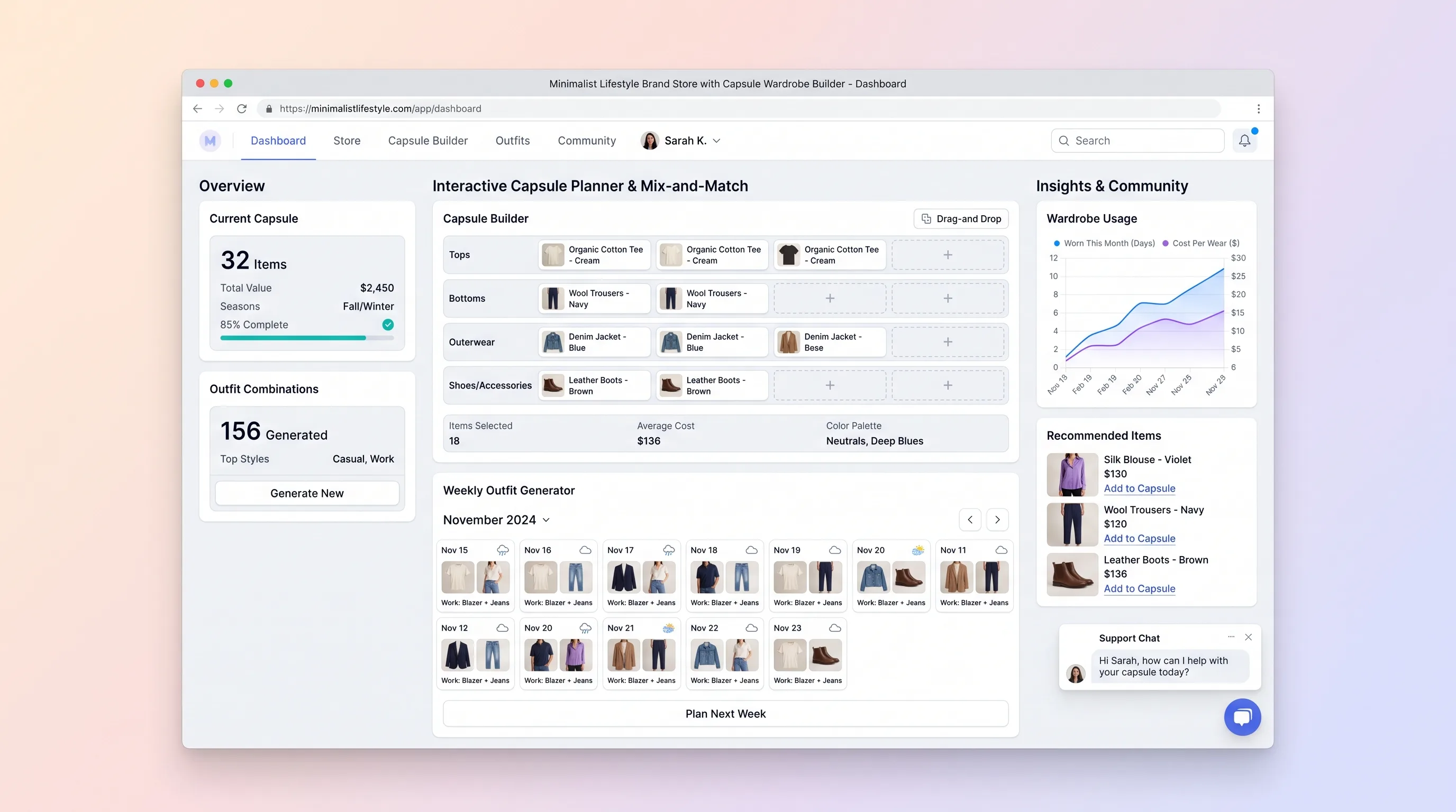 Minimalist fashion storefront with a capsule wardrobe grid, compatible outfit combinations, budget total, and editable shopping set