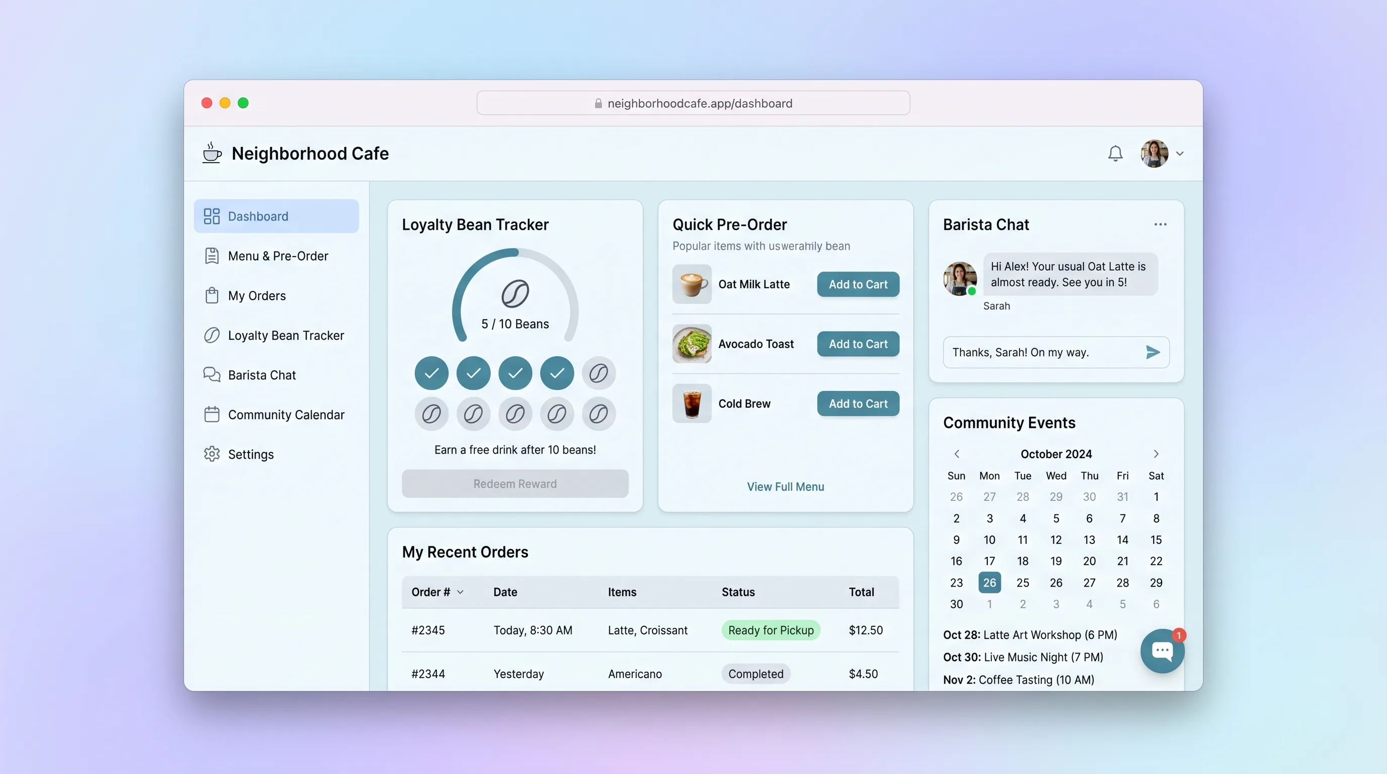 Warm cafe ordering app with drink customization, pickup timing, kitchen queue, and bean loyalty progress