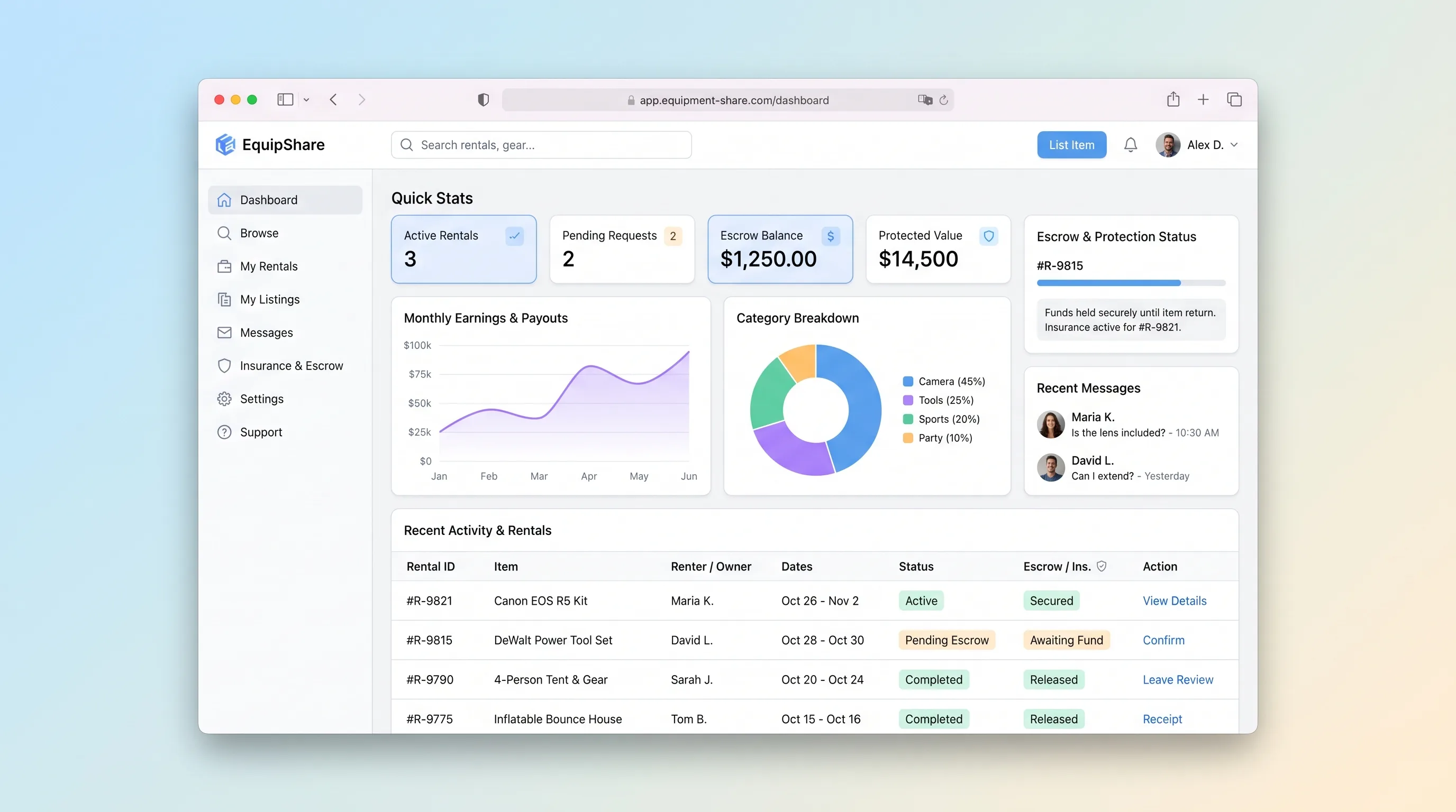 Equipment rental marketplace showing item availability, booking payment, pickup evidence, return inspection, and damage hold status