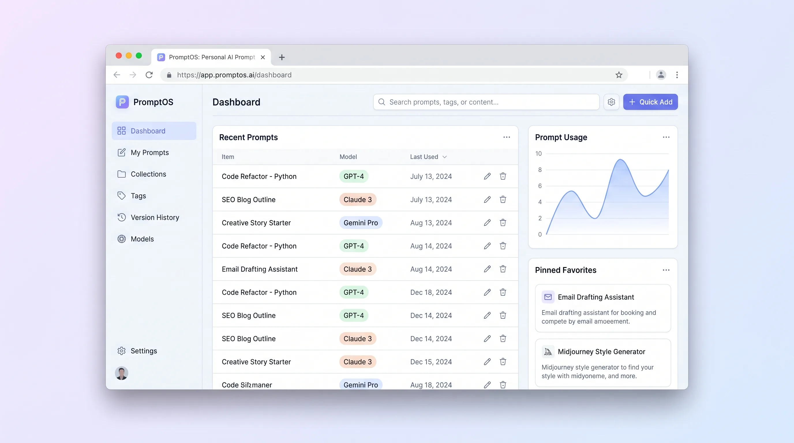 Compact prompt library with folders, tags, variable highlighting, version history, and a fast search panel