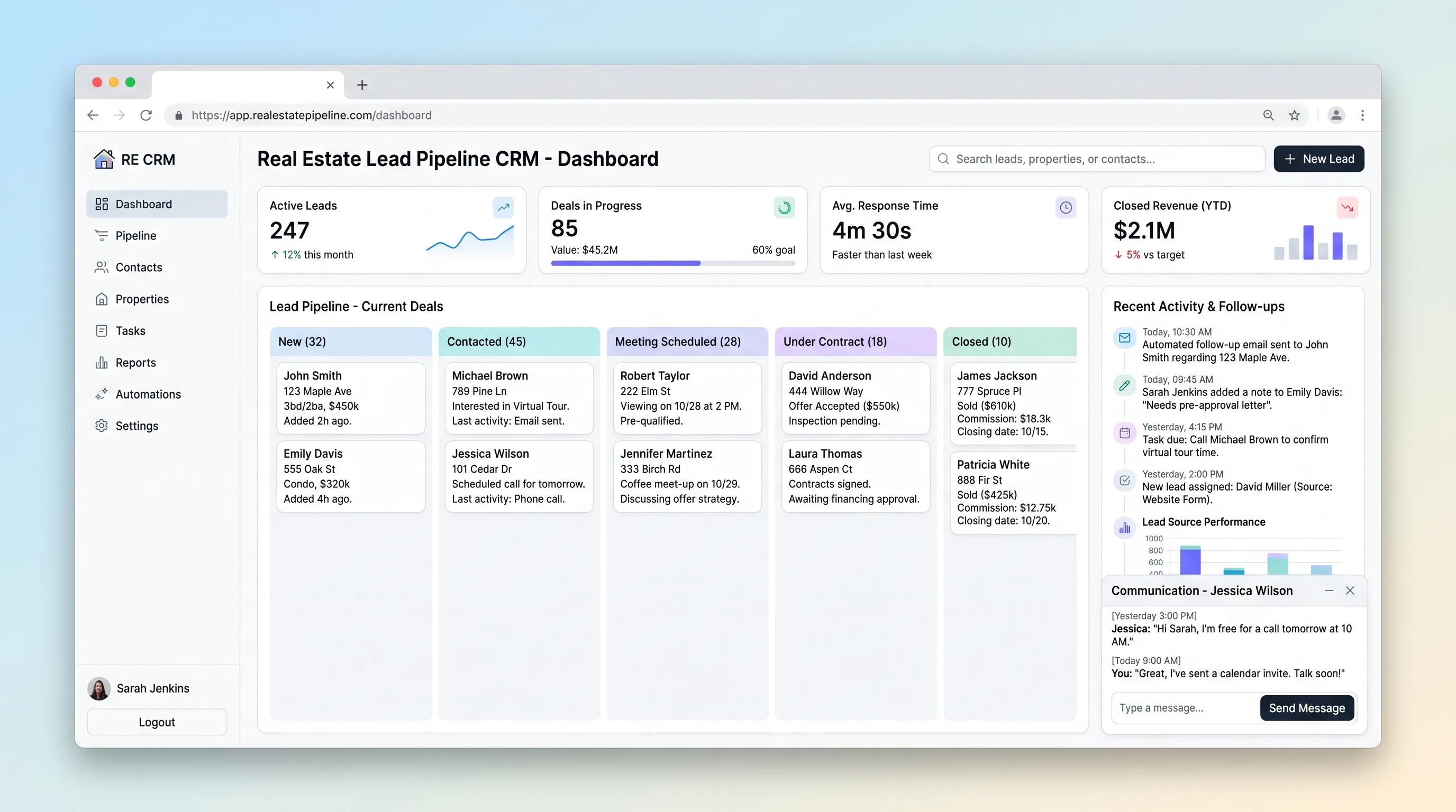Real estate lead pipeline with property interests, next-action dates, stage values, and overdue follow-up alerts