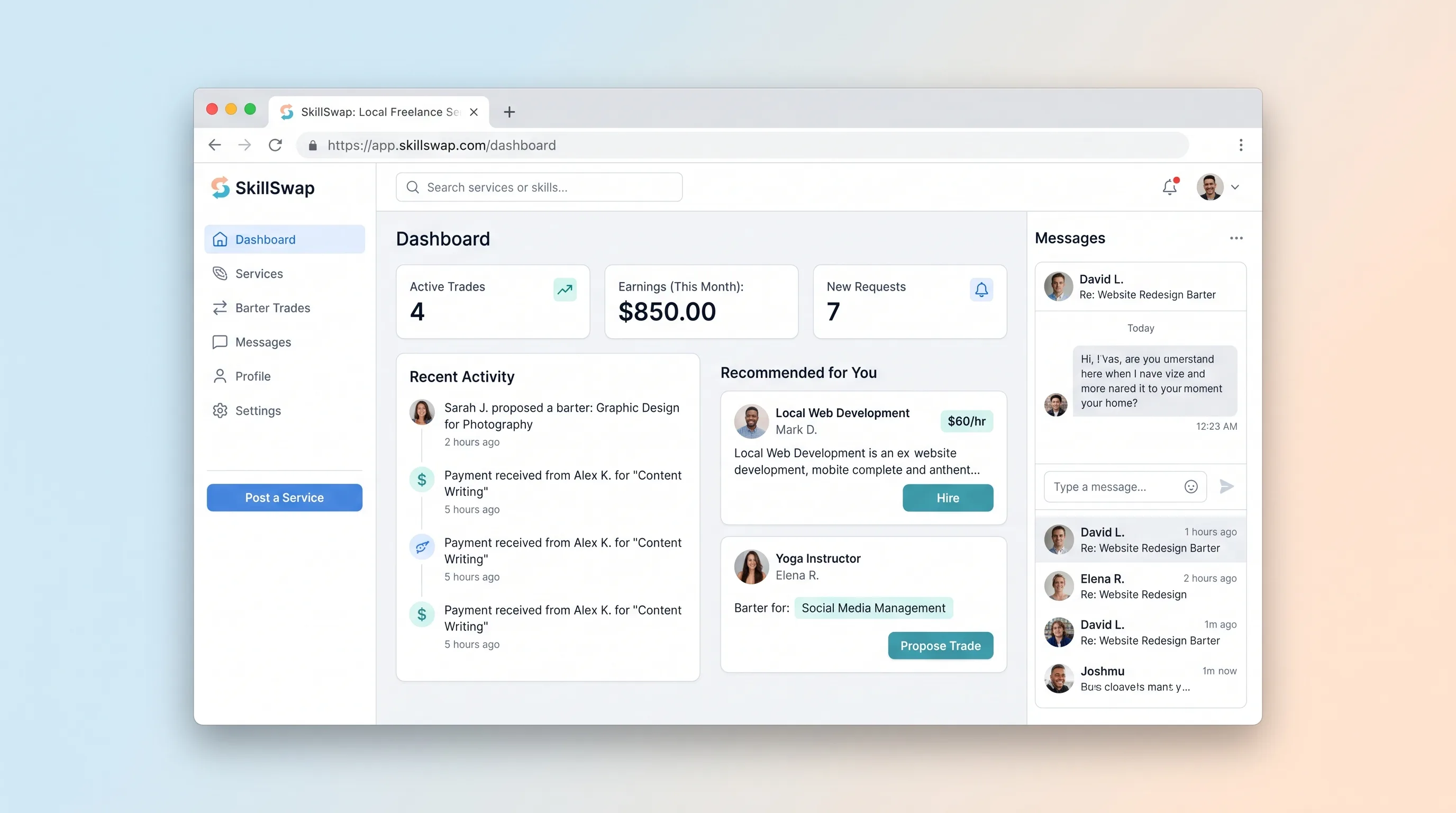 Friendly local services marketplace showing nearby listings, cash and barter proposals, milestone terms, and agreement status