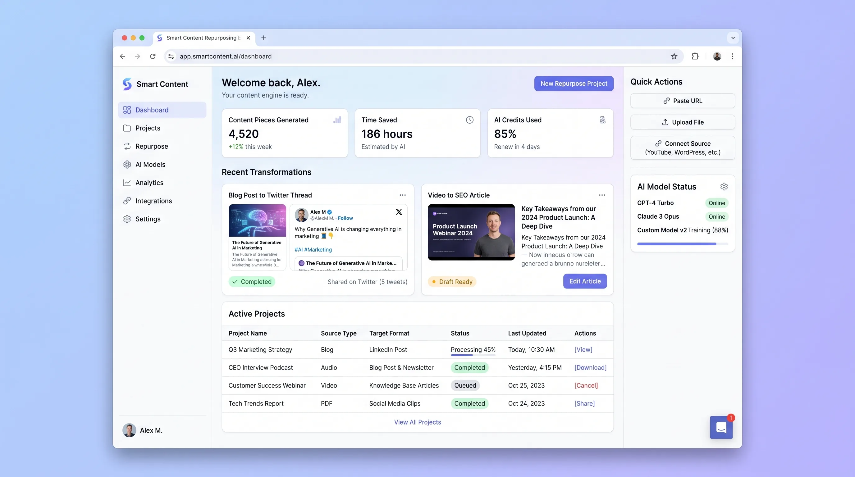 Content transformation workspace with source analysis, channel recipes, AI draft variants, review states, and export actions