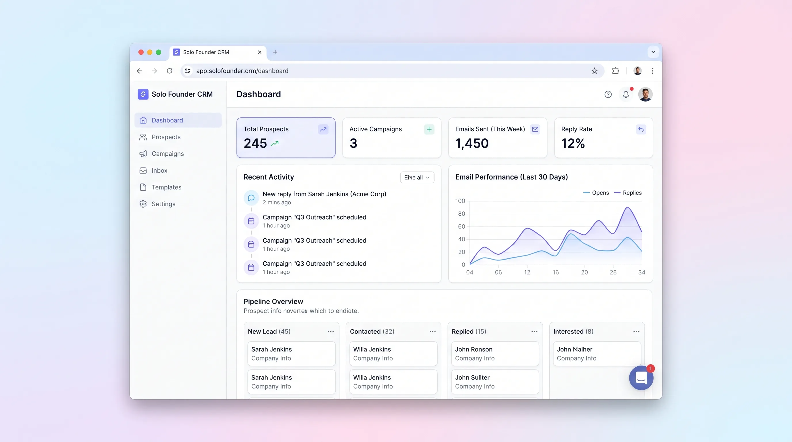 Compact founder CRM with prospect table, three-step email sequence, daily send queue, reply inbox, and pipeline status