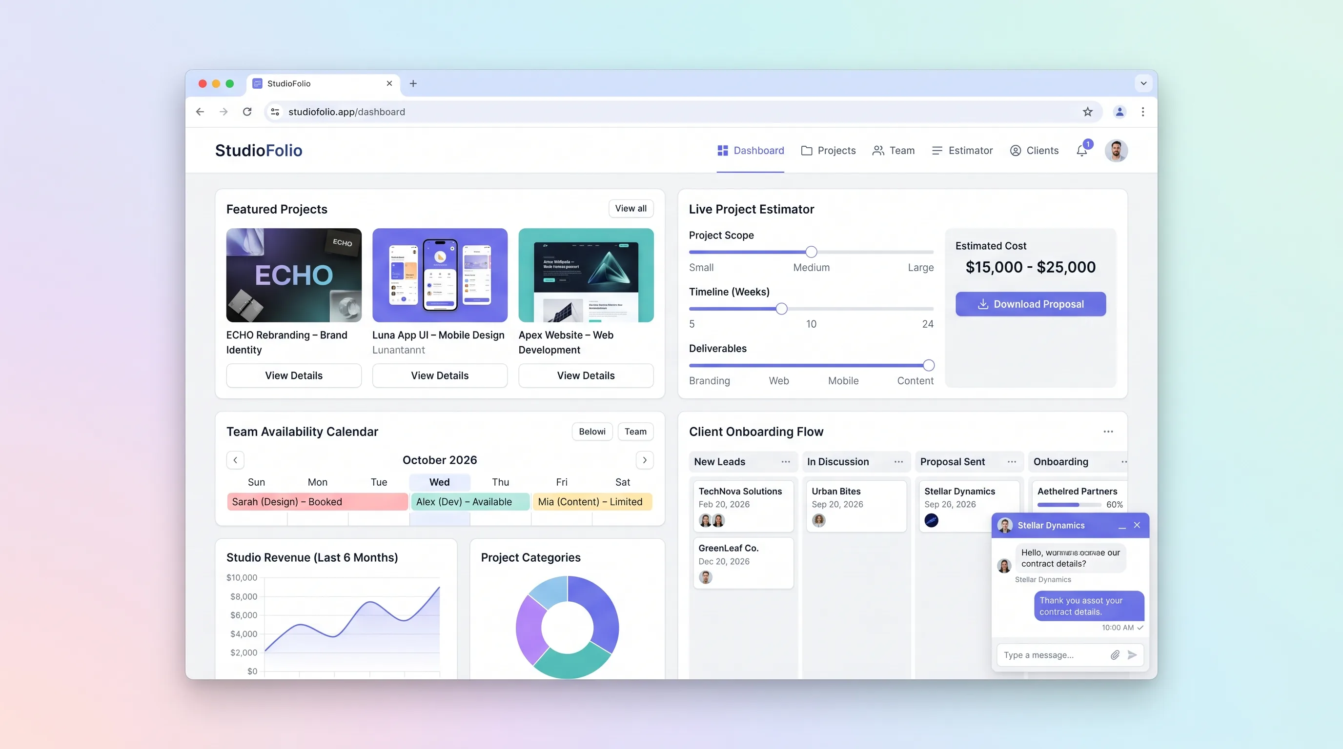 StudioFolio landing page with bold typography, a portfolio grid, a live project estimator panel, and a team availability calendar.