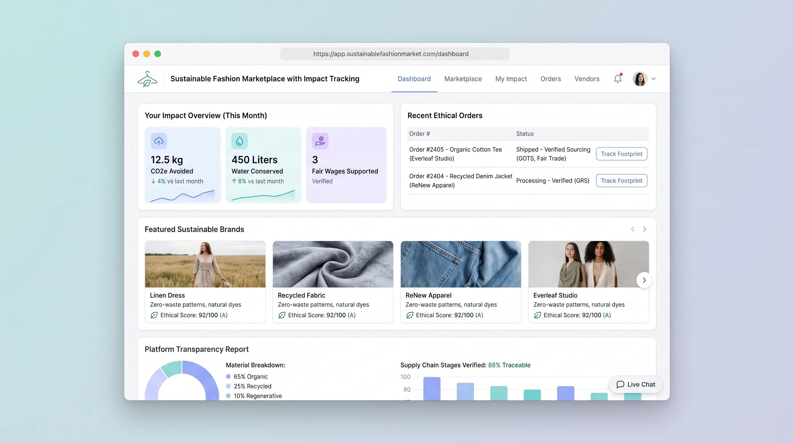 Marketplace interface showing sustainable clothing cards, material details, and item impact estimates