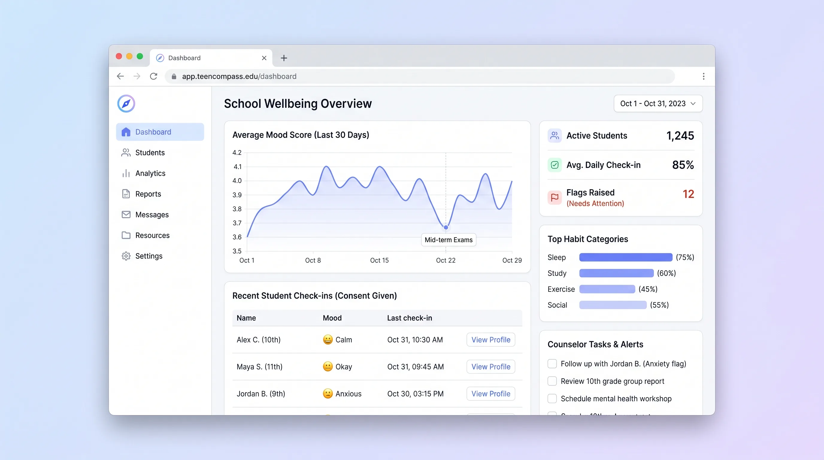 Student mood check-in and counselor trend review interface with consent and follow-up status