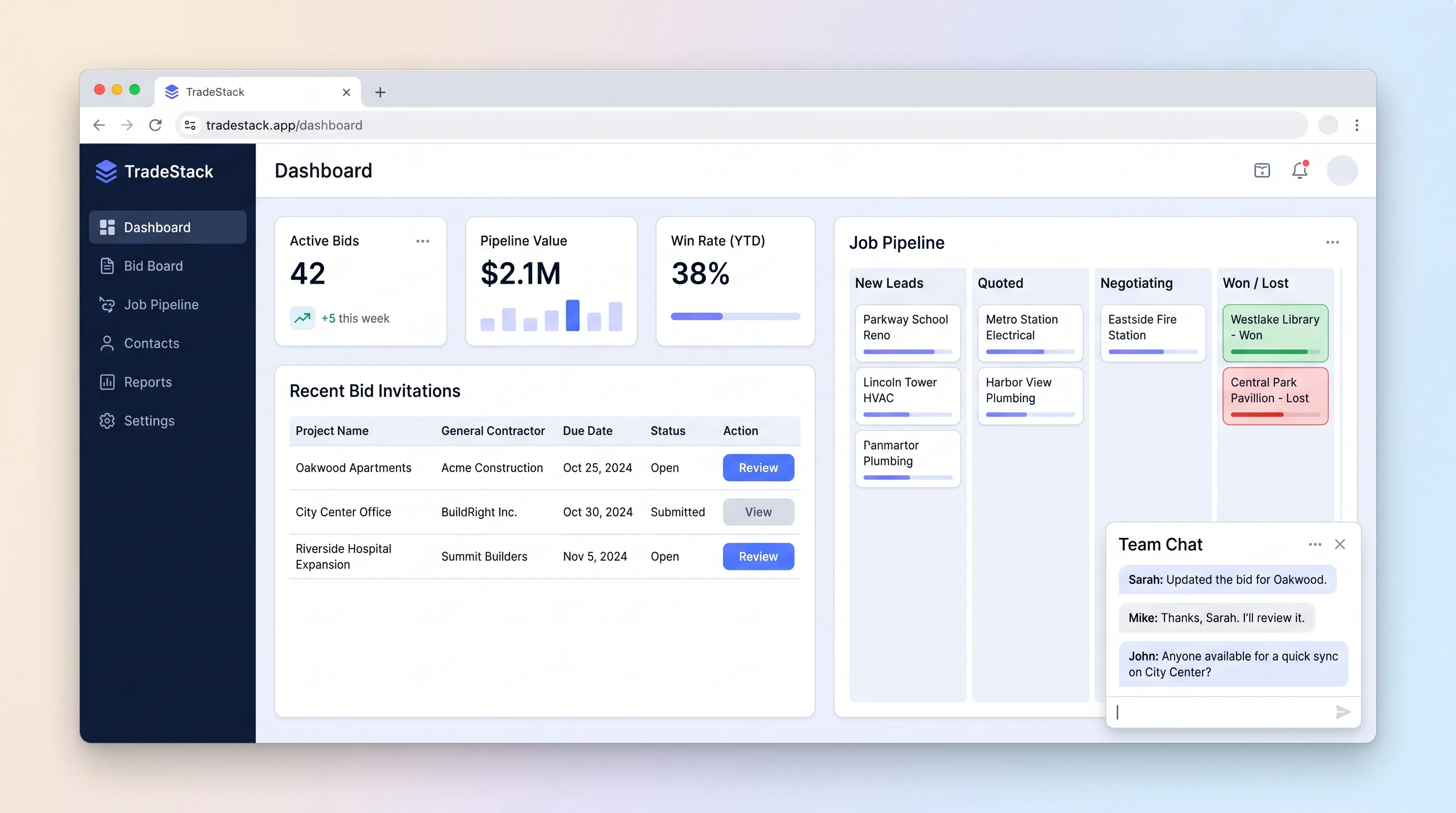 Subcontractor bid board showing invitation deadlines, estimating stages, job values, and won or lost outcomes