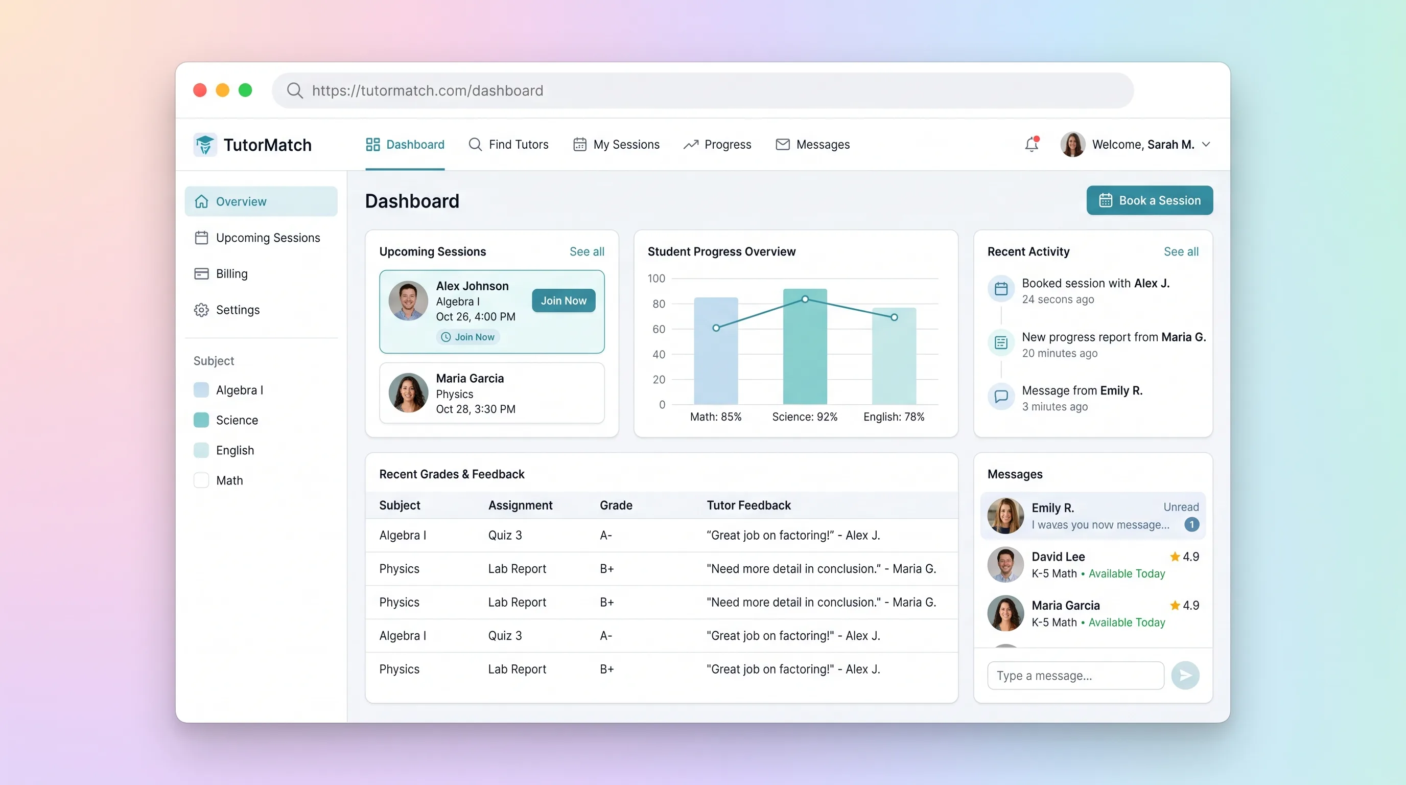 K-12 tutor search, booking calendar, and parent progress dashboard interface