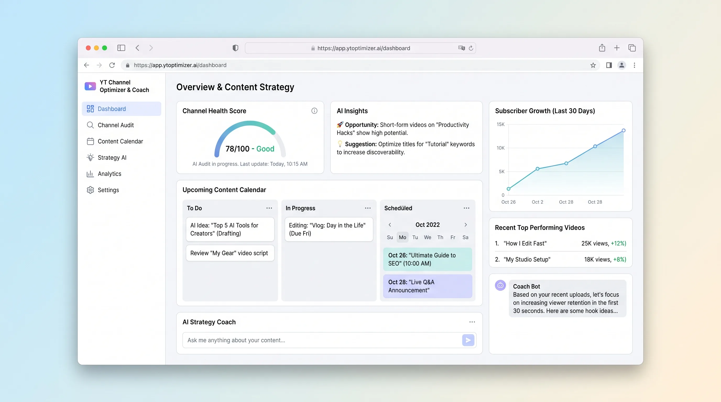 YouTube channel audit with prioritized findings, editable video ideas, and a four-week content calendar