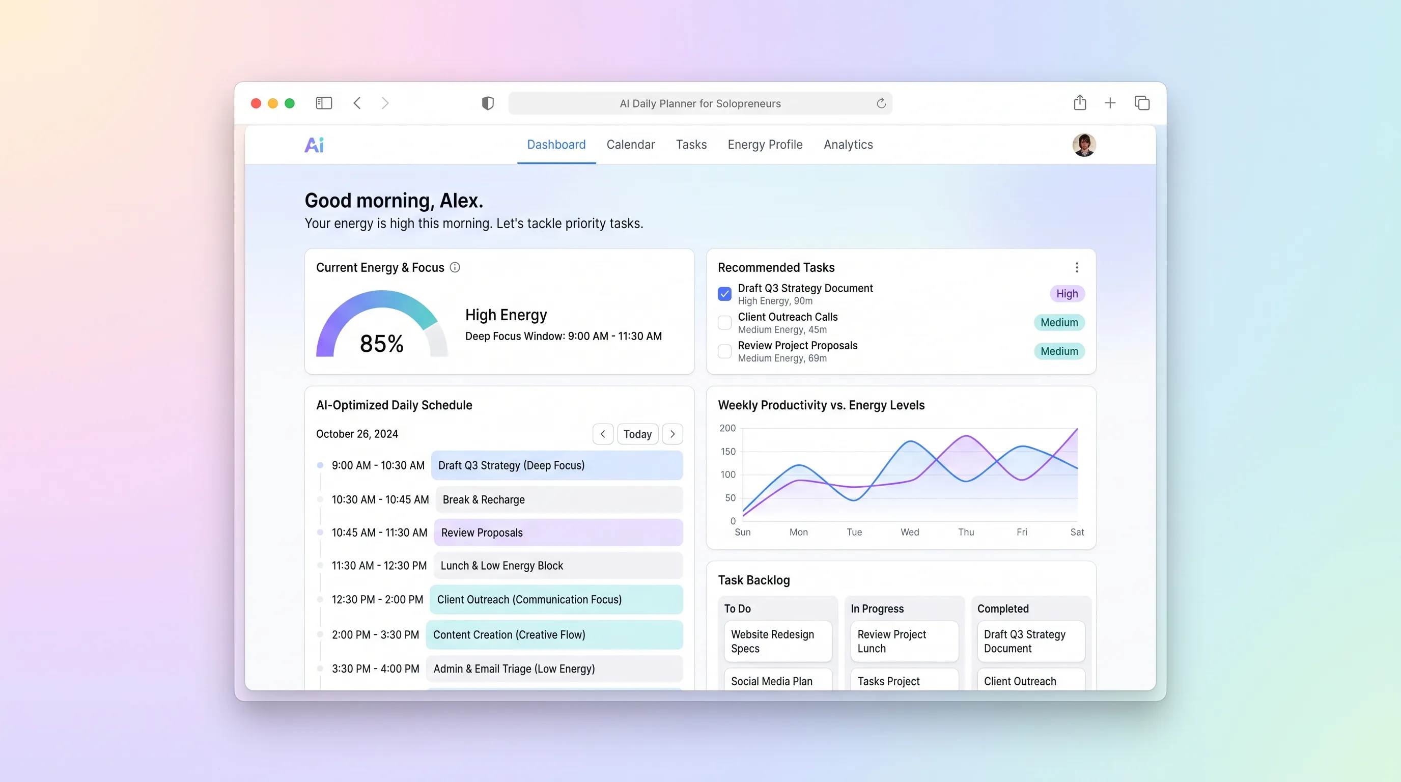 Soft pastel dashboard with large typography showing a vertical timeline of today's tasks color-coded by energy level, a sidebar for energy window settings, and an AI-suggested plan button at top.