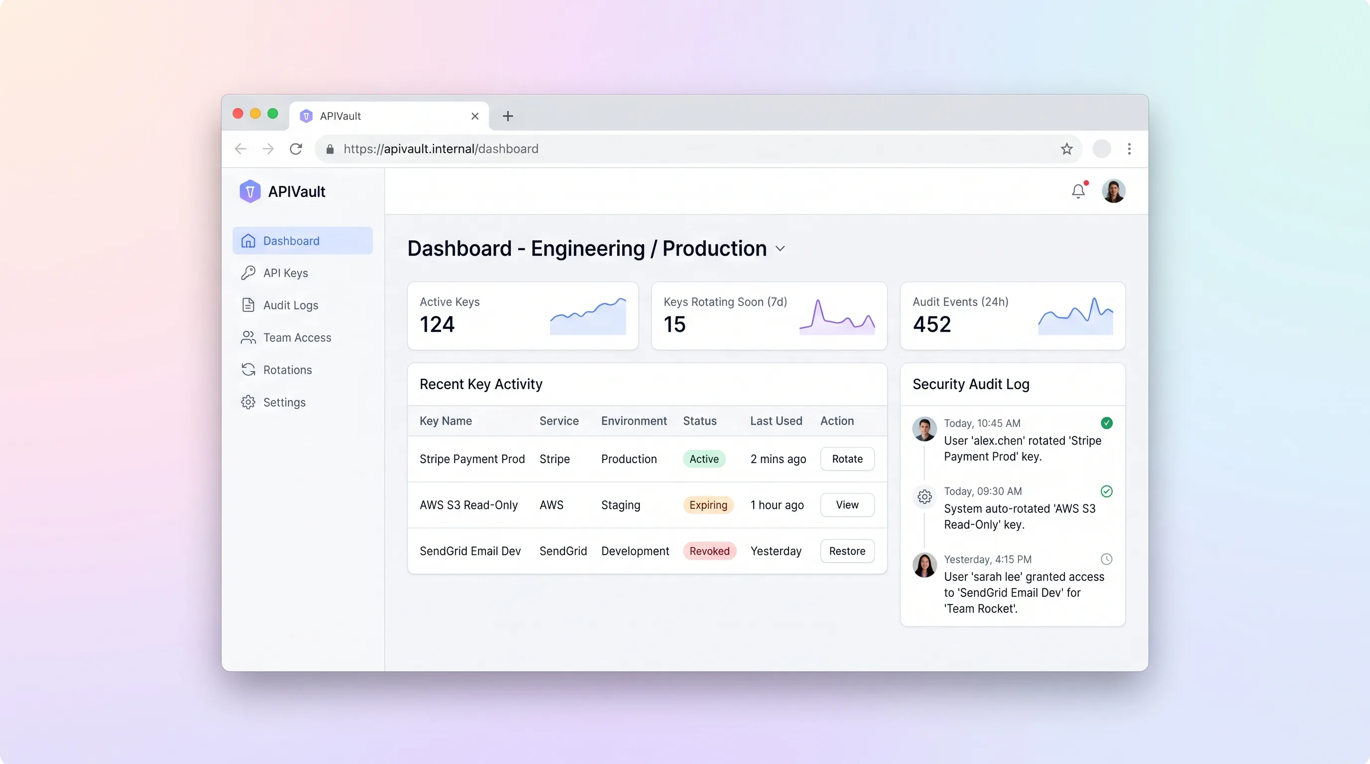 Dark-mode VS Code-inspired dashboard showing a workspace sidebar, a key vault table with monospace key values and green/amber/red health badges, and an audit log panel on the right.