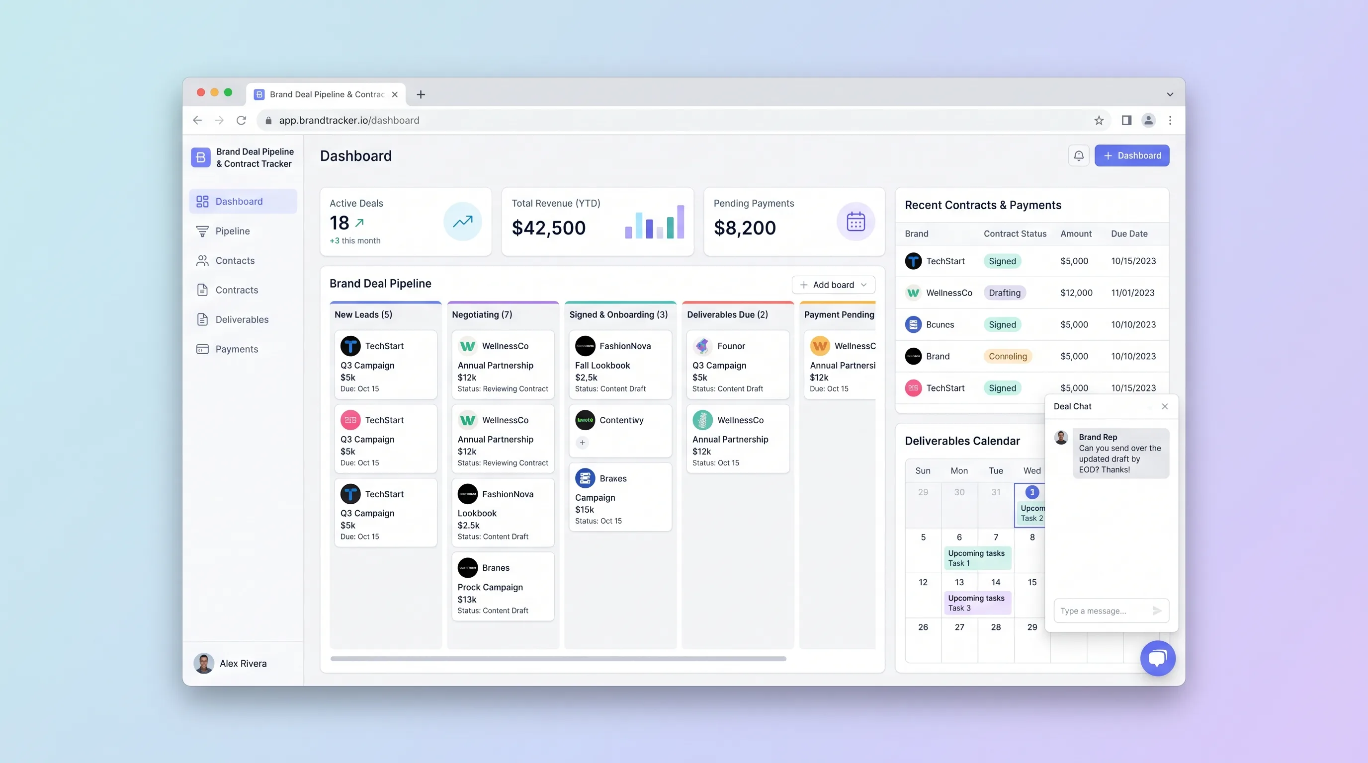 Mobile-friendly dashboard with lavender and mint pastel accent cards showing a pipeline of brand deals at stages like Pitched, Negotiating, Contracted, and Paid, each card listing brand name, deliverable deadline, and payment status.