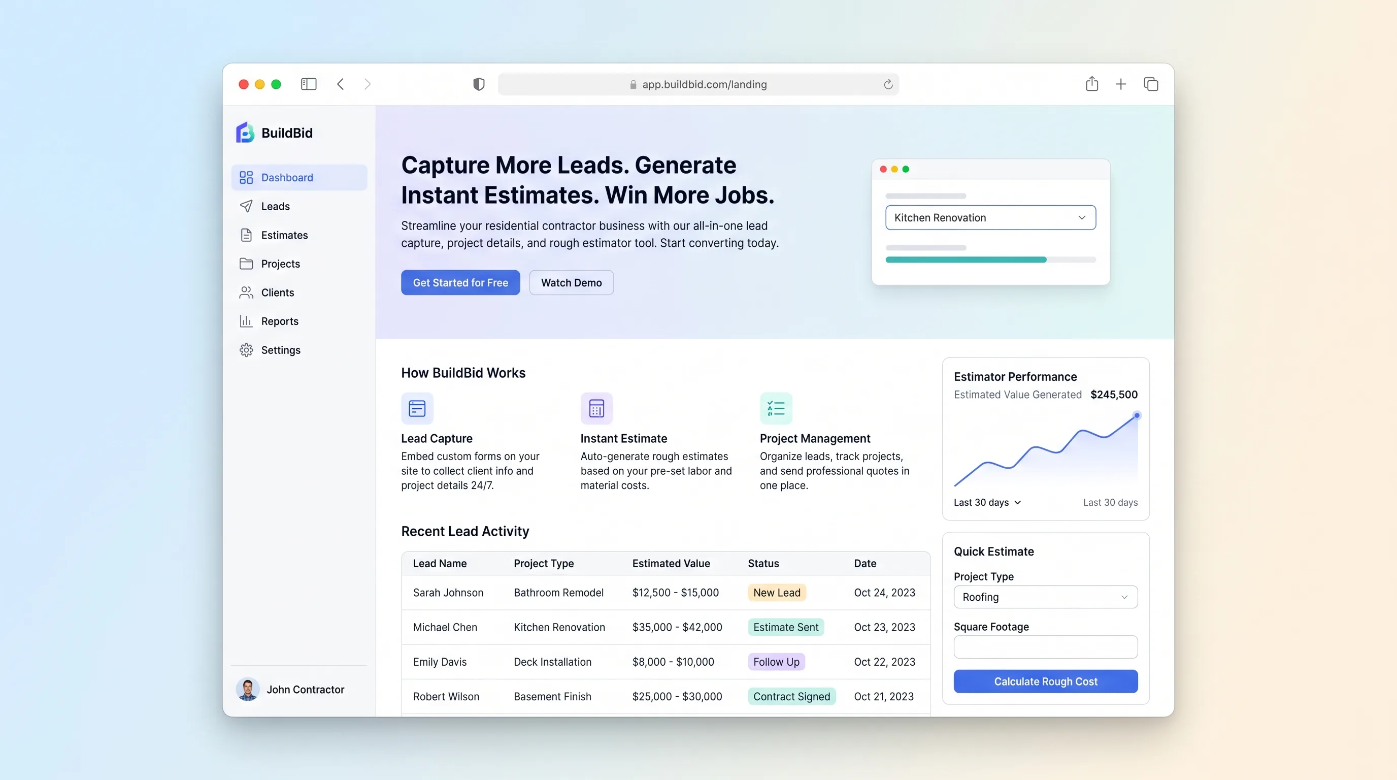 Clean white landing page with bold dark navy headings and orange accent CTA buttons, large hero imagery of a residential build, a multi-step project intake form, and a contractor lead dashboard showing estimate ranges and project status badges.