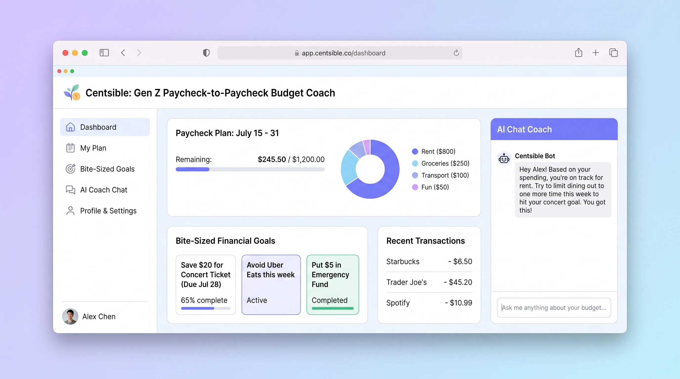 Mobile budgeting app screen with large tap-target expense logging buttons, a circular remaining-balance ring, emoji-tagged spending categories, and a weekly coach card with plain-English advice.