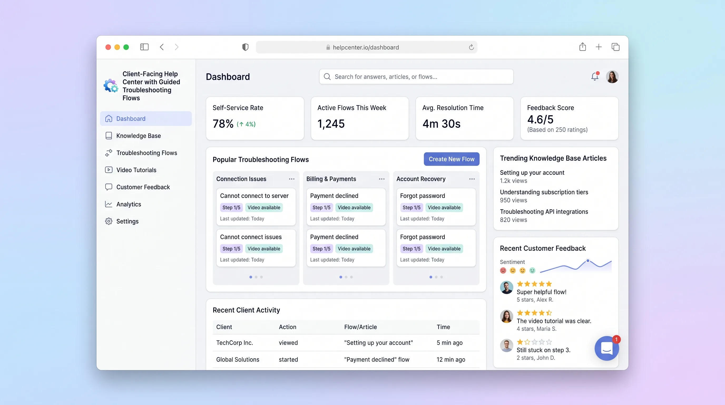 Split-screen interface showing an interactive troubleshooting wizard on the left with step-by-step decision tree questions and a feedback sidebar on the right with thumbs up/down and comment field