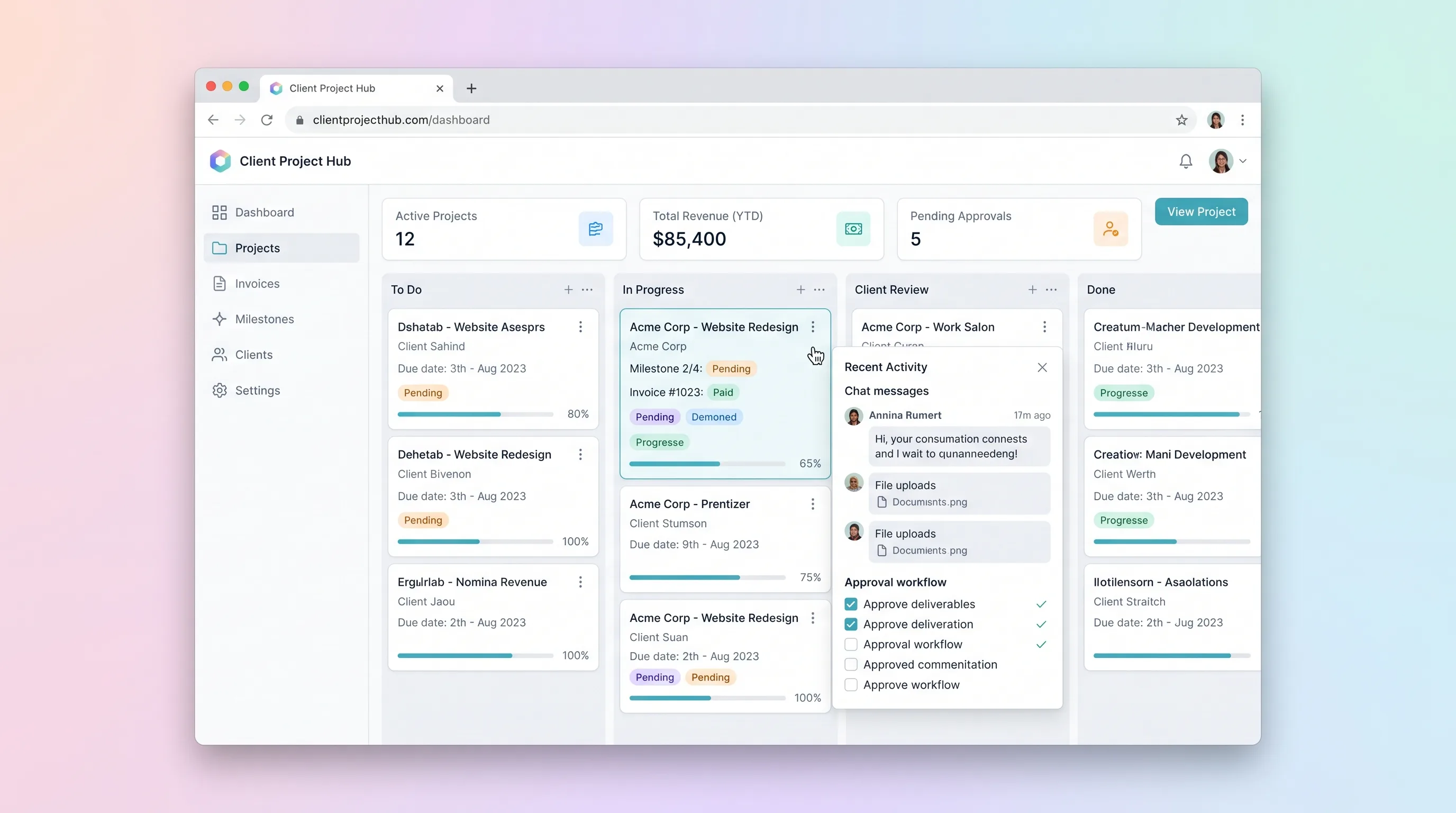 Kanban board interface with five status columns (Draft, In Progress, Pending Approval, Completed, Invoiced) showing milestone cards with client name, due date, and amount. Sidebar lists recent invoices with payment status badges. Top bar displays workspace switcher and activity log icon.