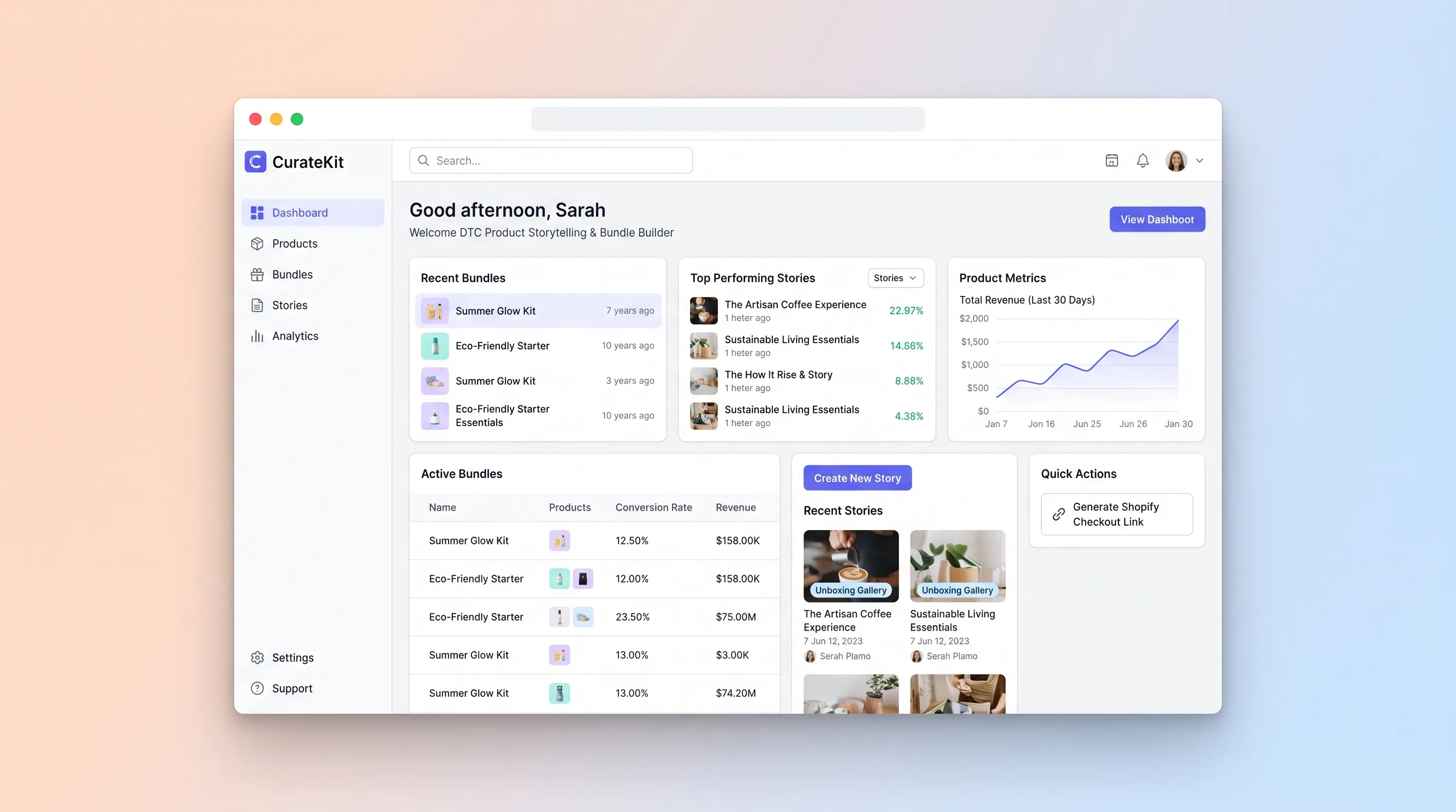 Editorial-style product story page builder with serif headings, earthy color palette, large product imagery, a bundle configurator panel showing selectable product variants, and a gallery grid of unboxing photos with hover micro-animations.