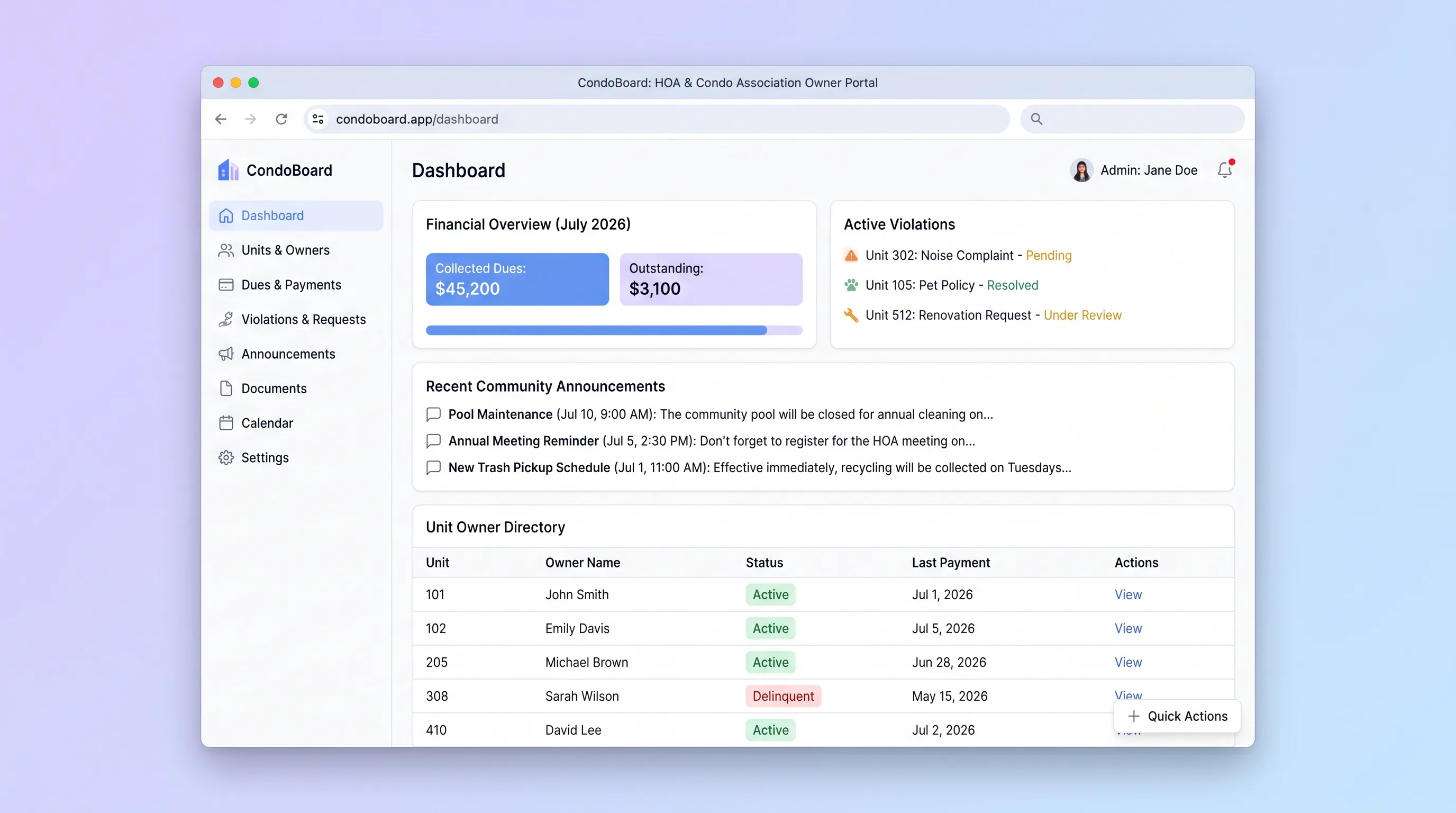 Web portal with light gray background, navy blue sidebar navigation, gold accent buttons. Dashboard showing unit owner directory, dues status badges, violation tickets, and announcement composer.