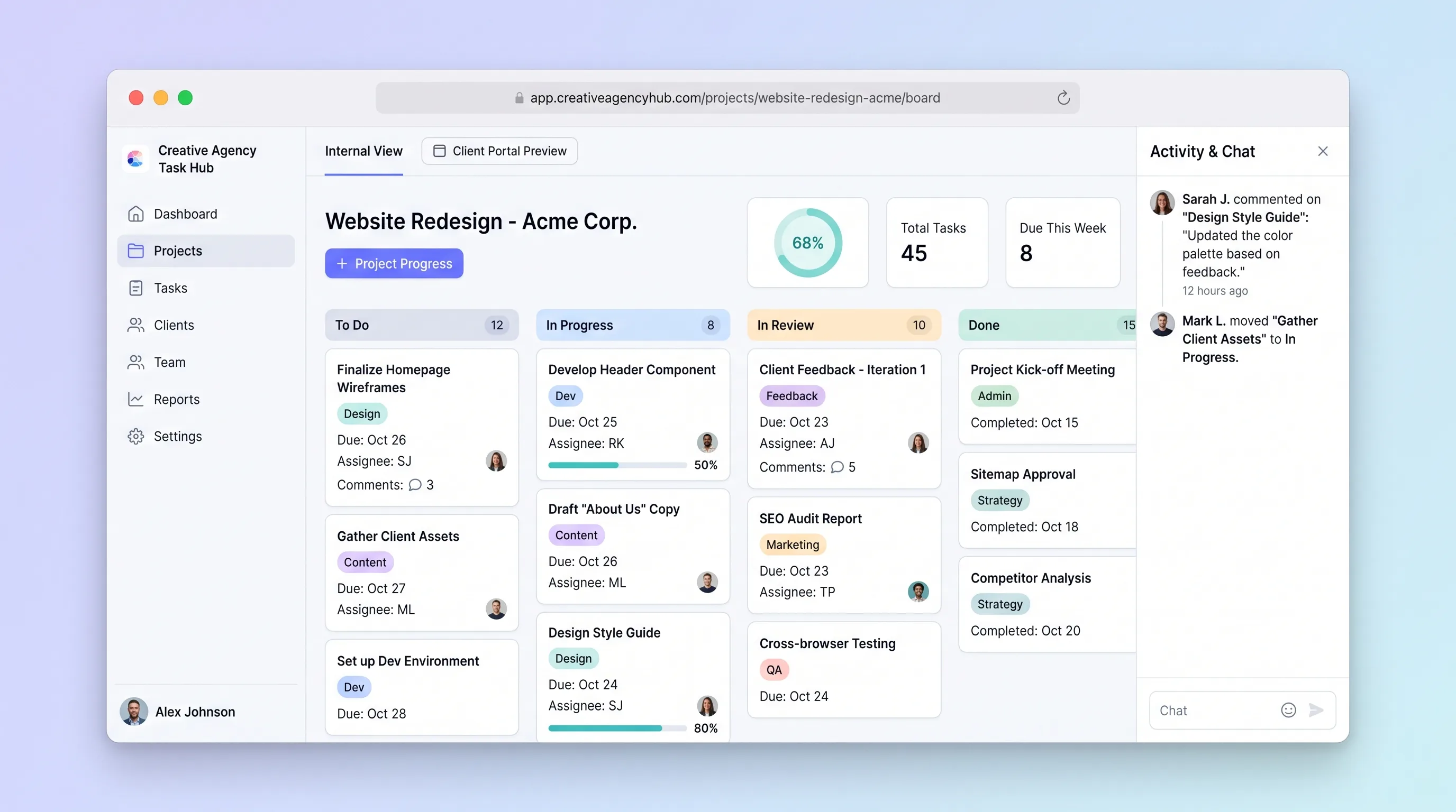 Split-screen interface showing an internal kanban board with task cards in columns on the left and a clean client-facing portal with approval buttons and progress timeline on the right, warm off-white background throughout.