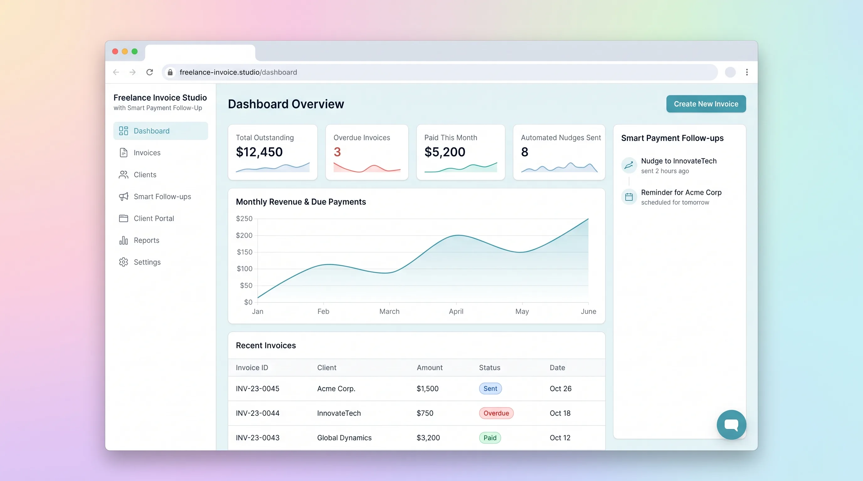 Clean white-background invoice dashboard with soft gray cards, teal accent buttons, sidebar navigation showing invoice list with status badges, and a navy header bar.