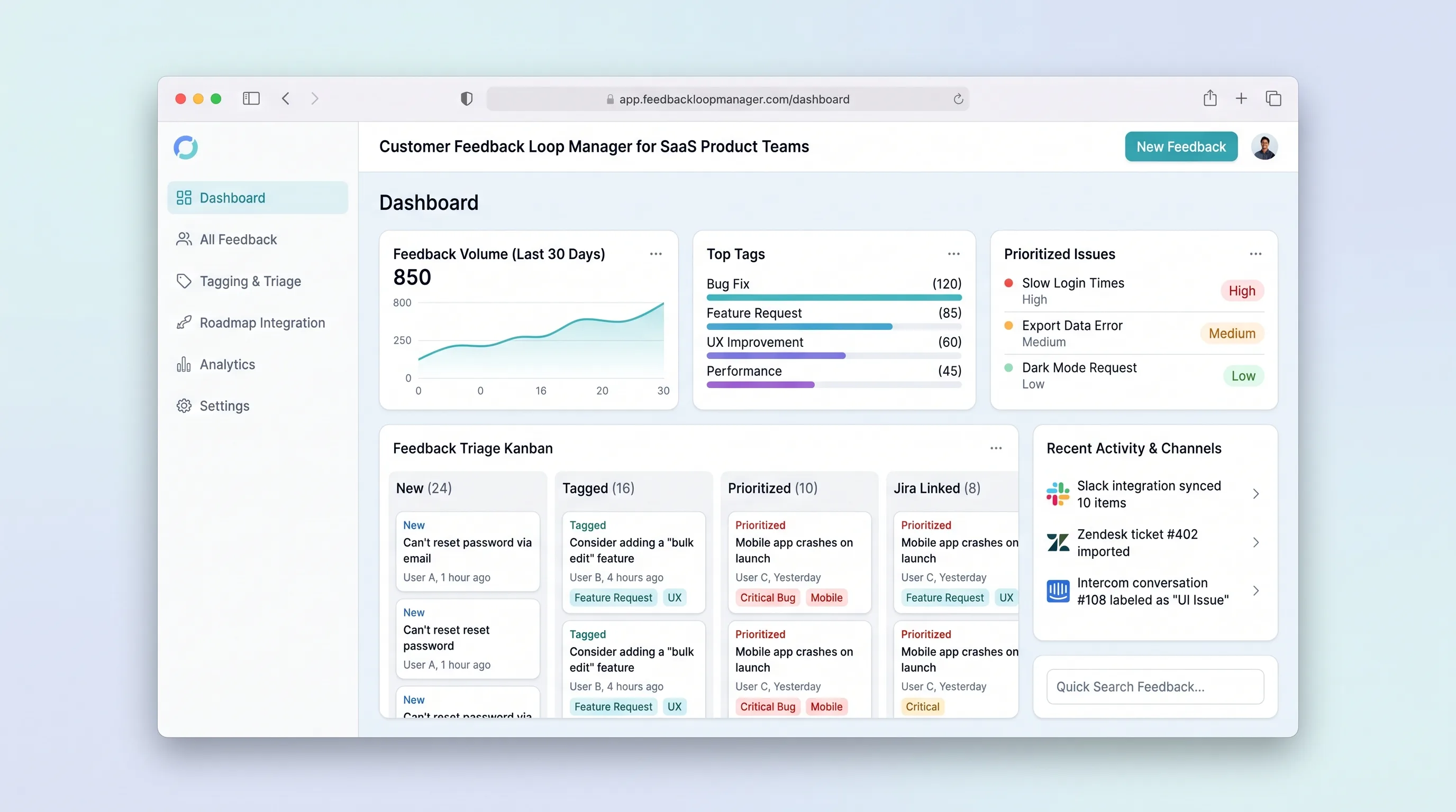 Minimal SaaS interface with left sidebar navigation, card-based feedback inbox showing pastel status badges (new, triaged, shipped), calm blue-gray palette, and a prioritization panel on the right.