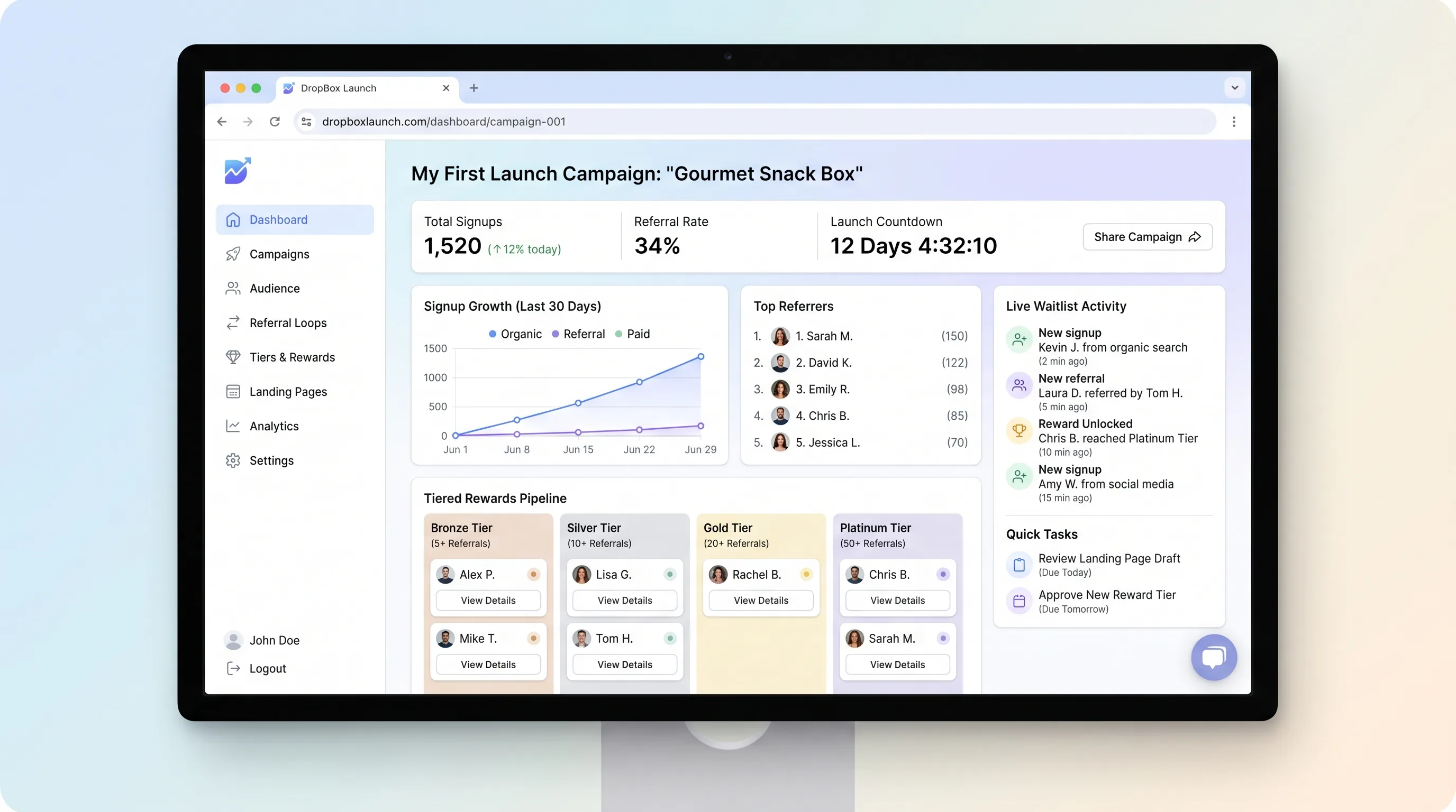 DTC-style pre-launch landing page with large bold typography, dark theme, high-contrast CTA button, live countdown timer, email capture field, and a referral progress bar showing tier unlock status