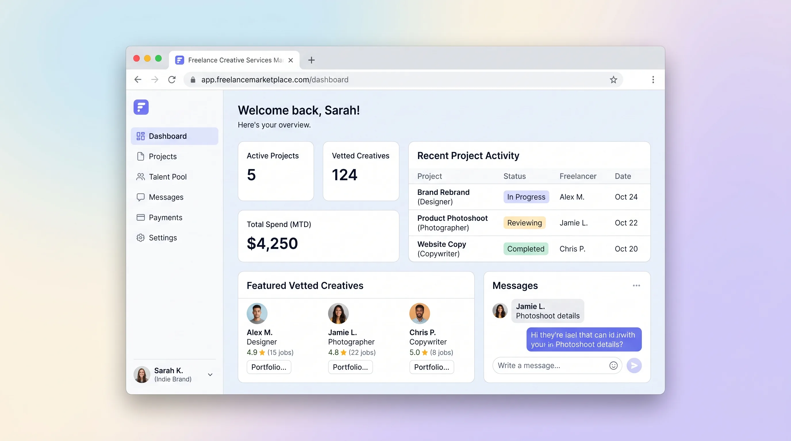 Editorial marketplace interface with an off-white background, full-bleed portfolio image header, a project brief form on the left, and three creative match cards with portfolio thumbnails and match scores on the right.