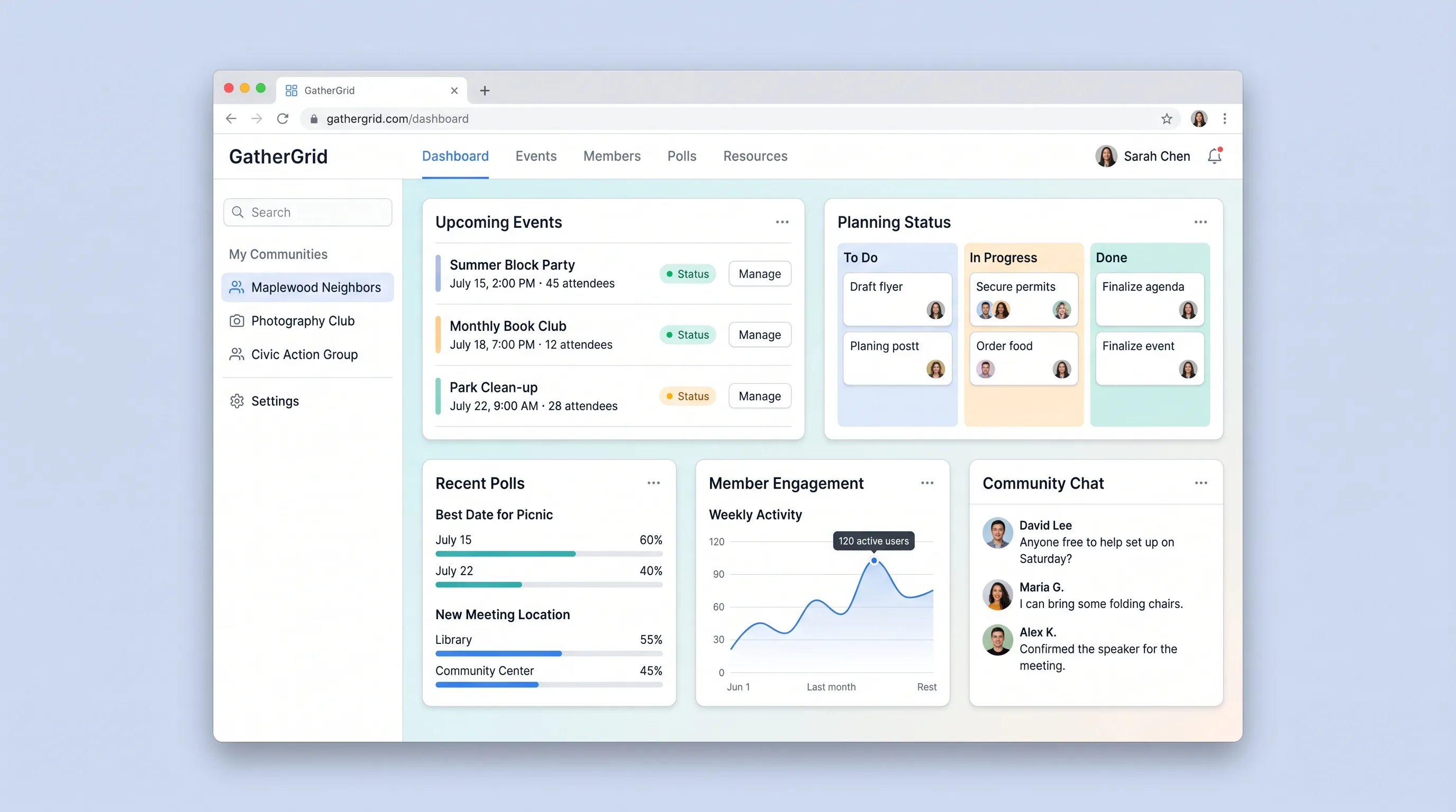 Card-based community event dashboard showing three date poll options with vote counts, a confirmed block party card with RSVP status badges, and a sidebar listing group members invited via shareable link.