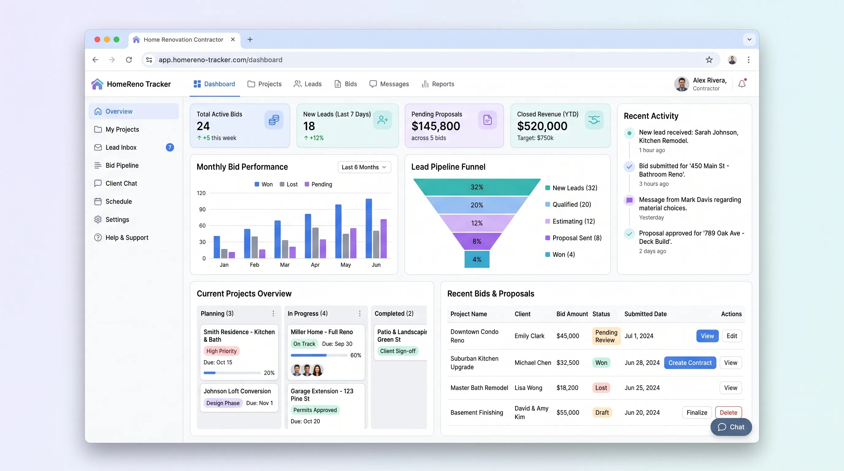 Grid-based contractor dashboard in dark navy and white with amber accents, showing project showcase cards, incoming lead list with map pins, and bid status pipeline columns labeled draft, sent, viewed, accepted, declined.